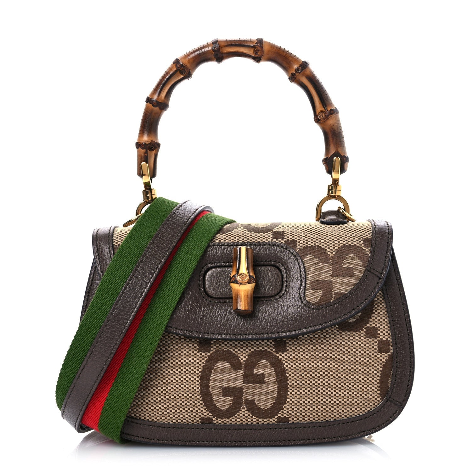 Monogram Jumbo GG Textured Dollar Calfskin Web Small Bamboo 1947 Top Handle Bag Camel Ebony New Acero