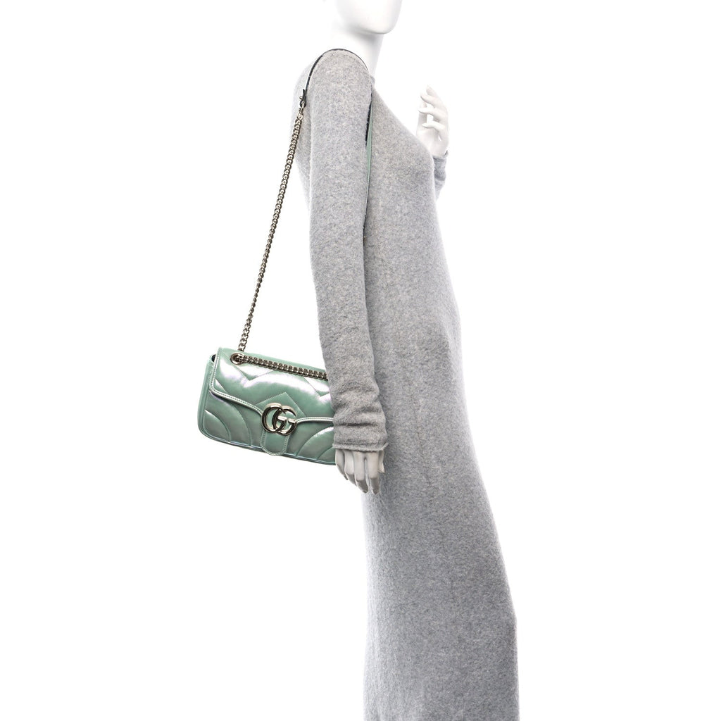 Iridescent Nappa Chevron Matelasse Small GG Marmont Shoulder Bag Iridescent Salvy Green