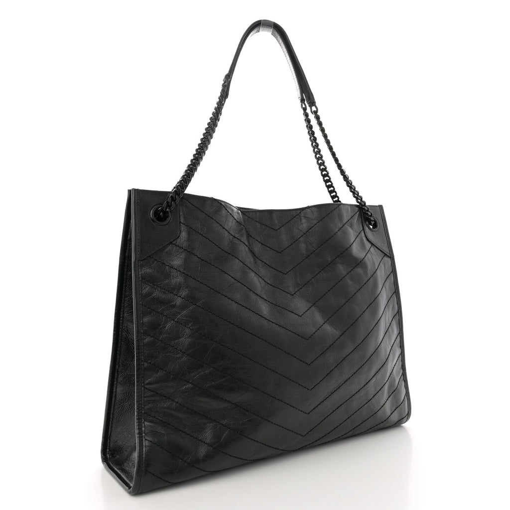 Crinkled Calfskin Matelasse Monogram Large Niki Shopper Tote Black