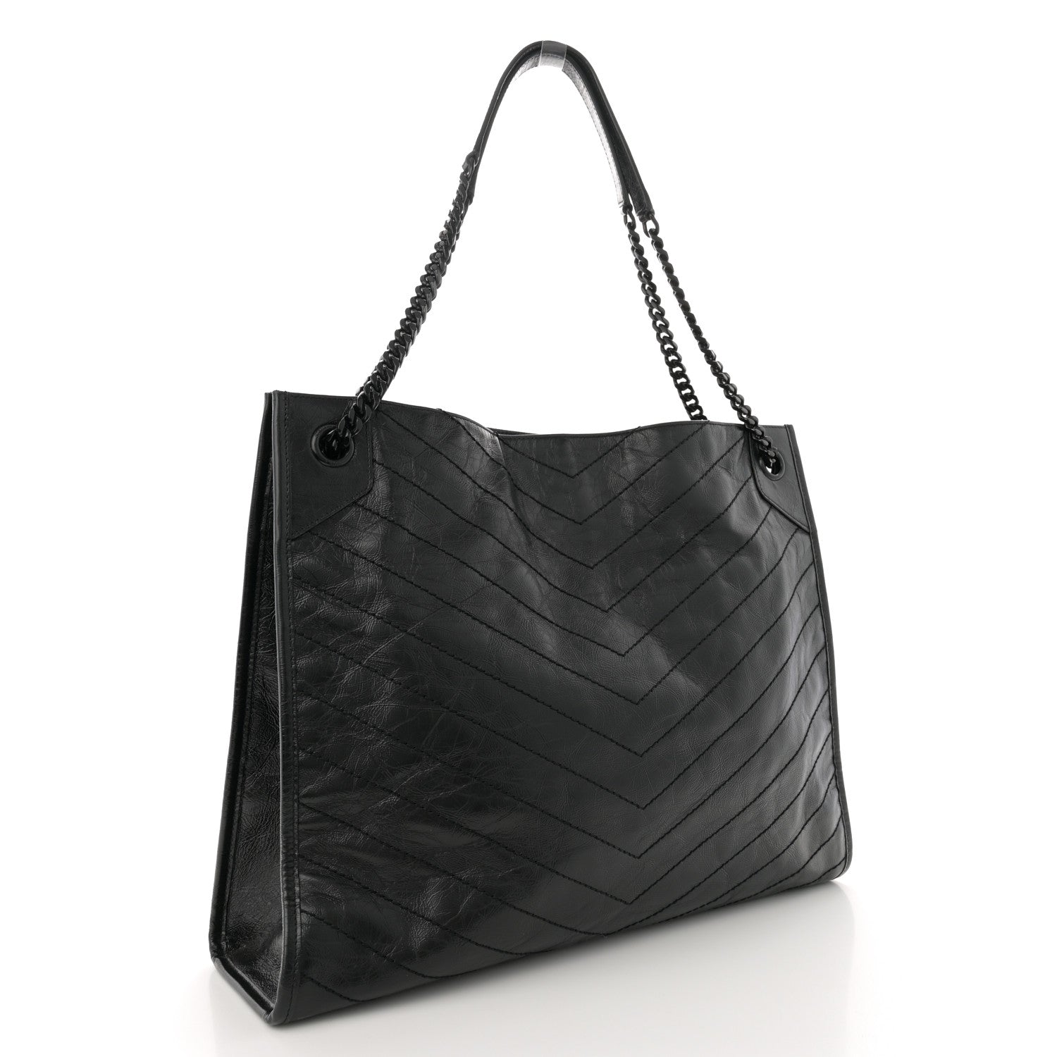 Crinkled Calfskin Matelasse Monogram Large Niki Shopper Tote Black