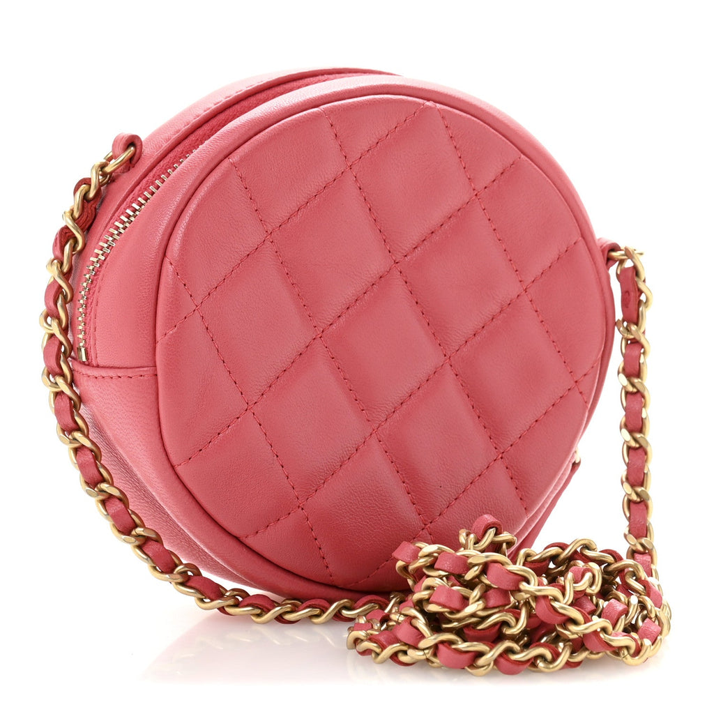 Lambskin Quilted Studded Round Clutch With Chain Dark Pink