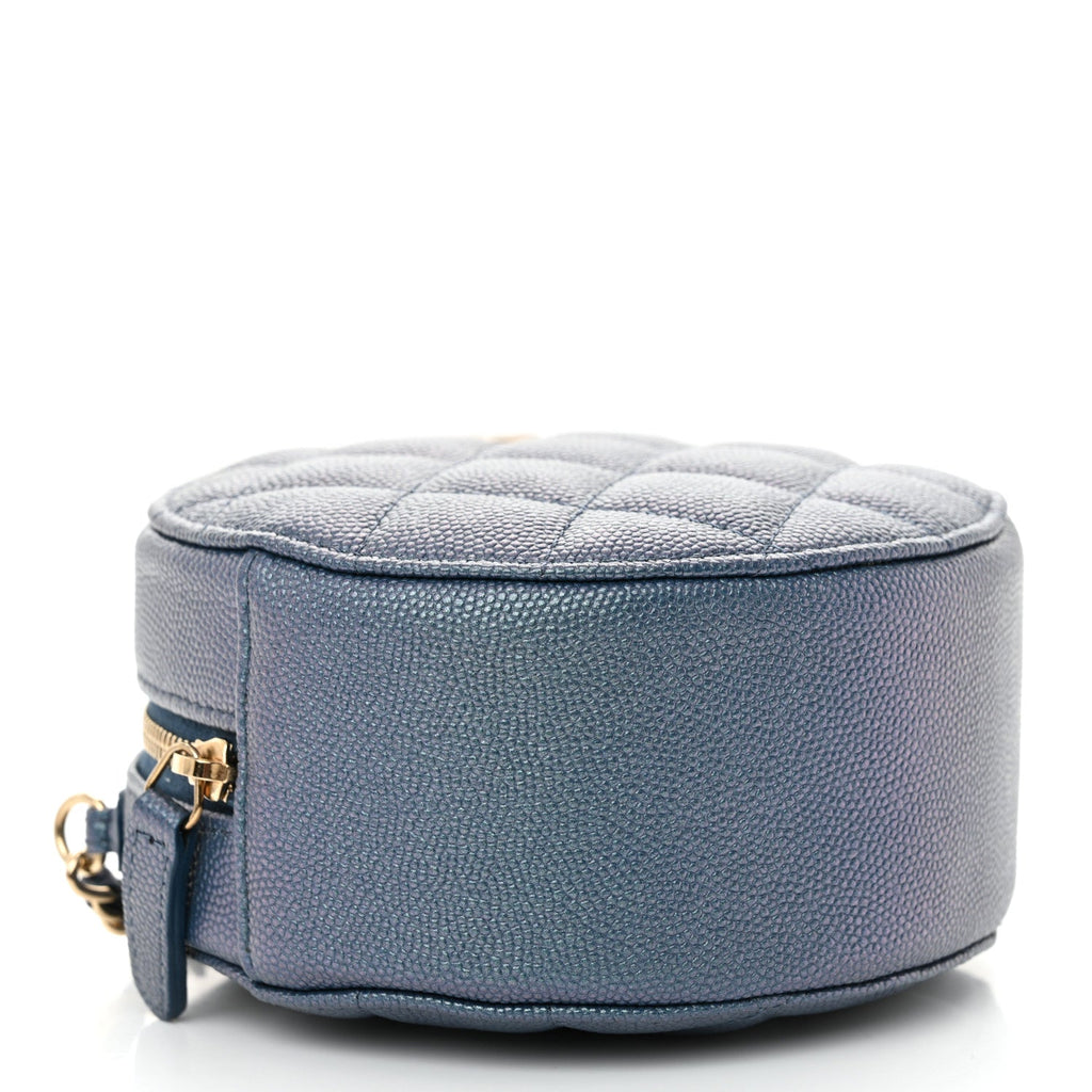 Iridescent Caviar Quilted Round Clutch With Chain Blue