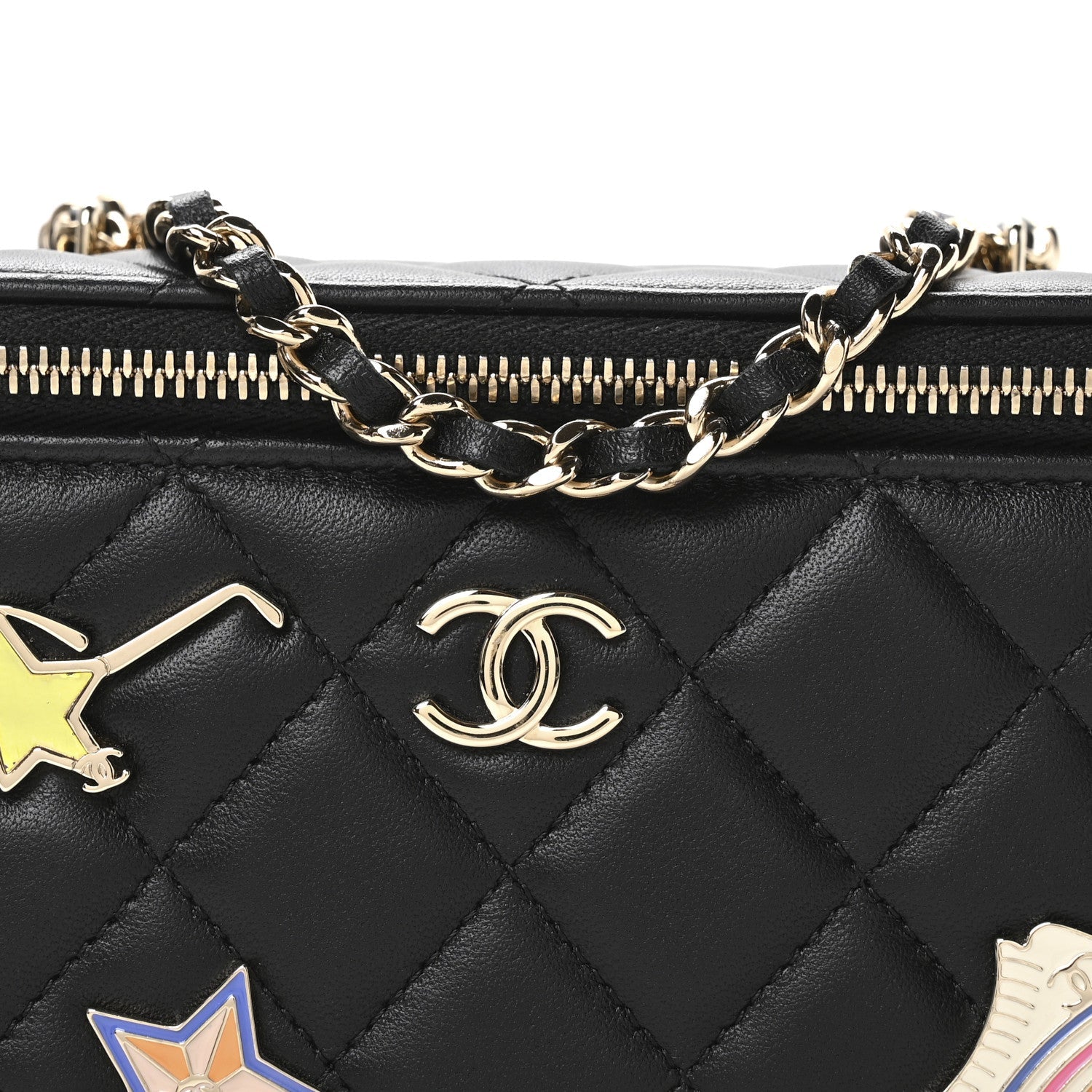 Lambskin Enamel Quilted Roller Skate Small Vanity Case With Chain Black