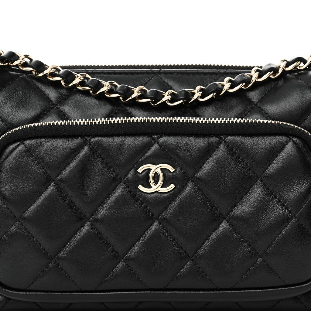 Shiny Crumpled Lambskin Quilted Mini Preppy Pocket Clutch With Chain Black