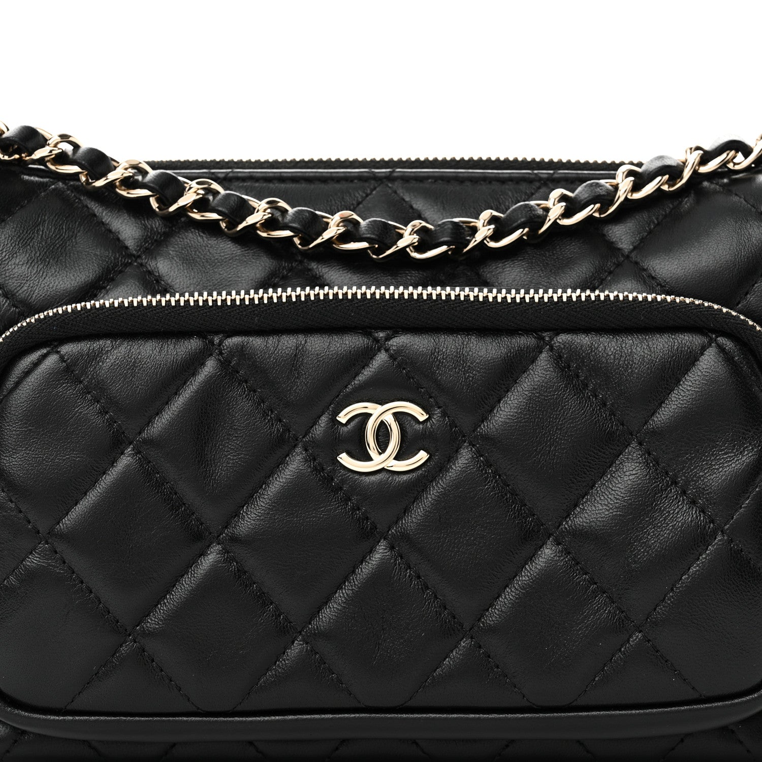 Shiny Crumpled Lambskin Quilted Mini Preppy Pocket Clutch With Chain Black