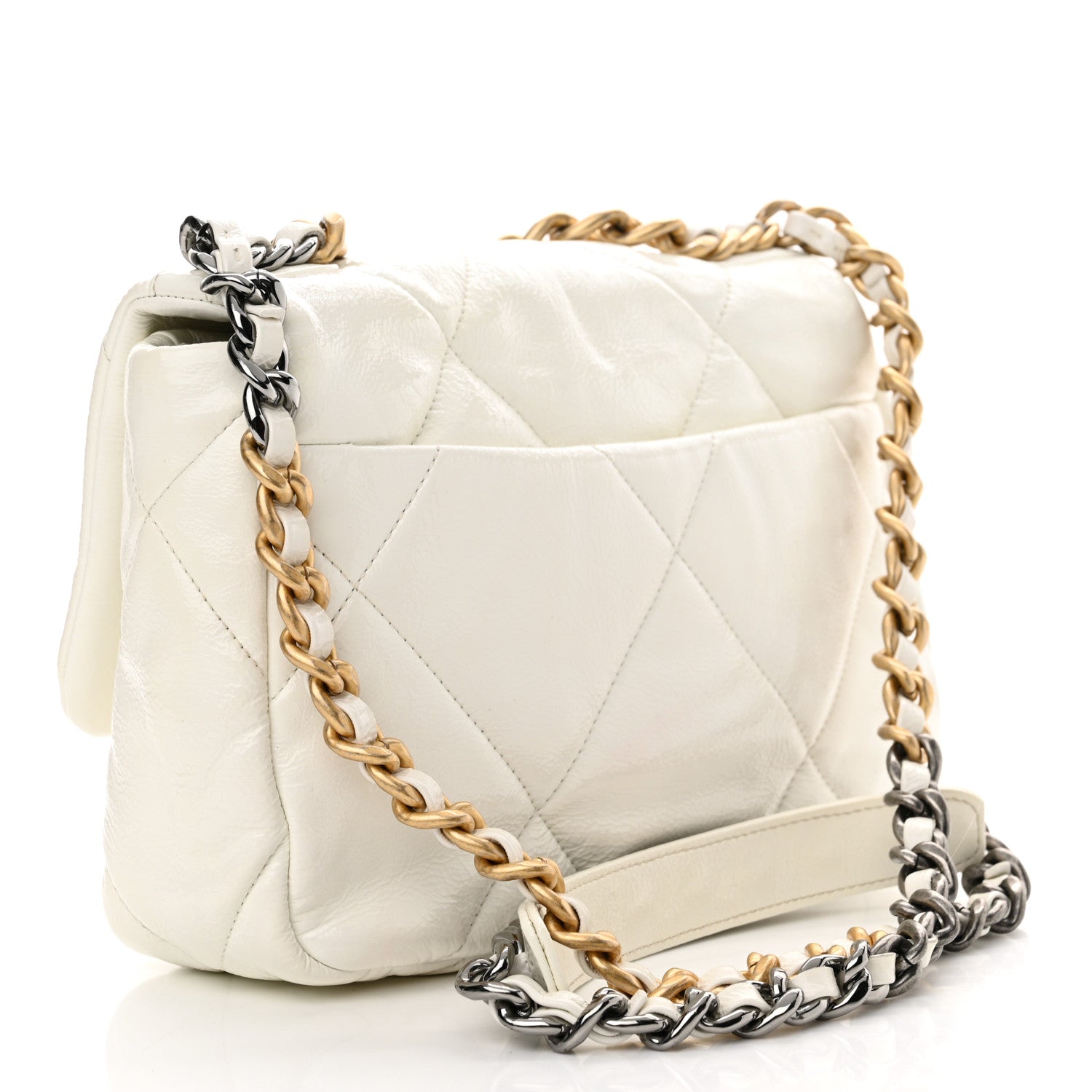 Shiny Crumpled Calfskin Quilted Medium Chanel 19 Flap White