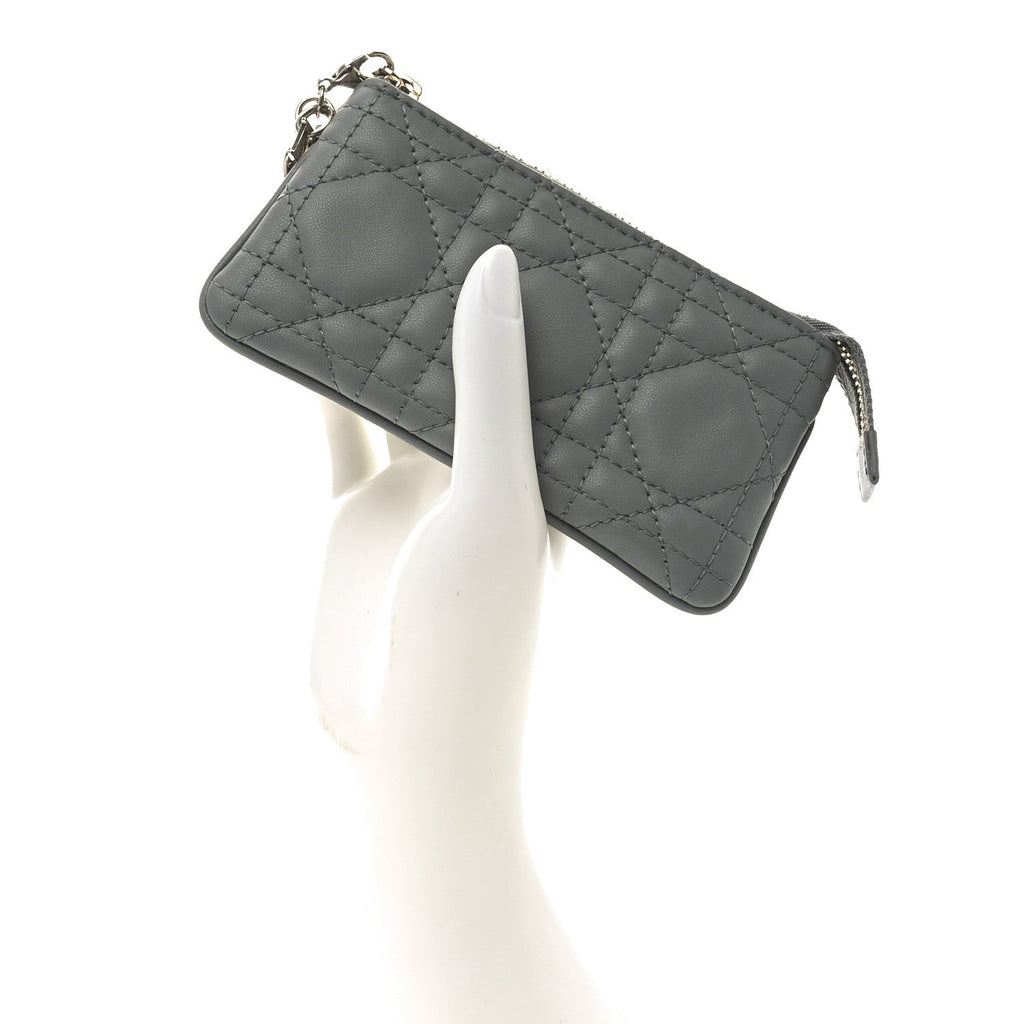 Lambskin Cannage Lady Dior Zipped Key Case Stone Grey