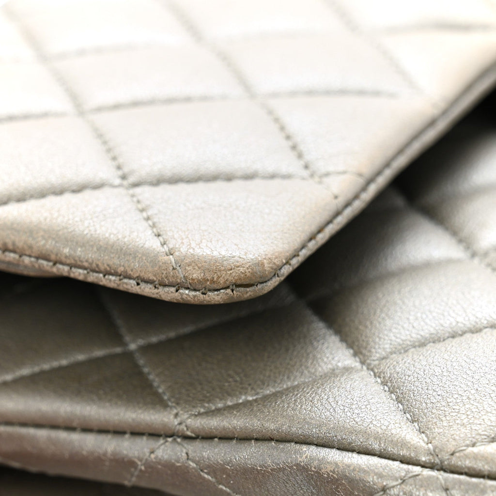 Metallic Lambskin Quilted Medium Double Flap Silver