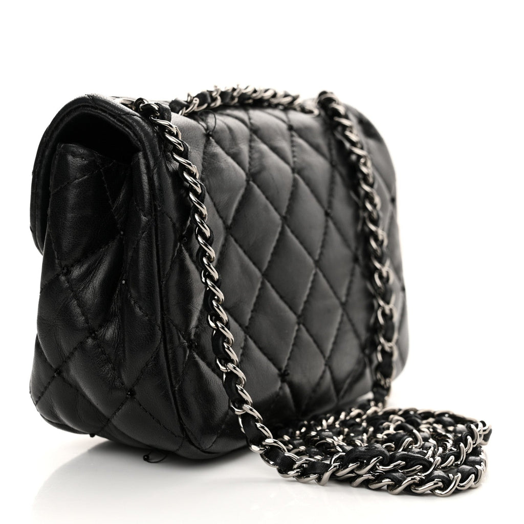 Lambskin Quilted Beaded Extra Mini Rectangular Flap Black