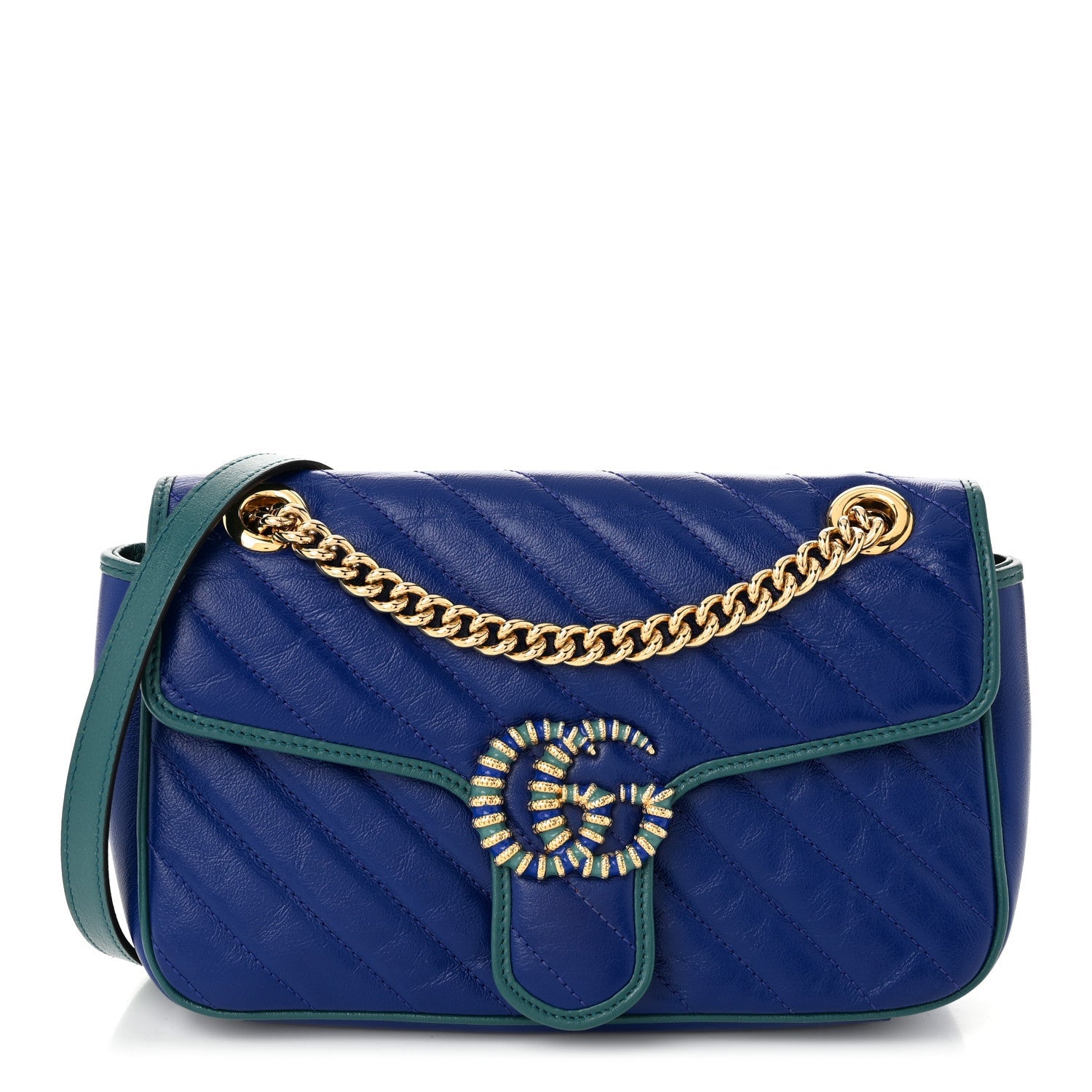 Azalea Calfskin Enamel Matelasse Diagonal Small Torchon GG Marmont Shoulder Bag Imperial Blue Pavone