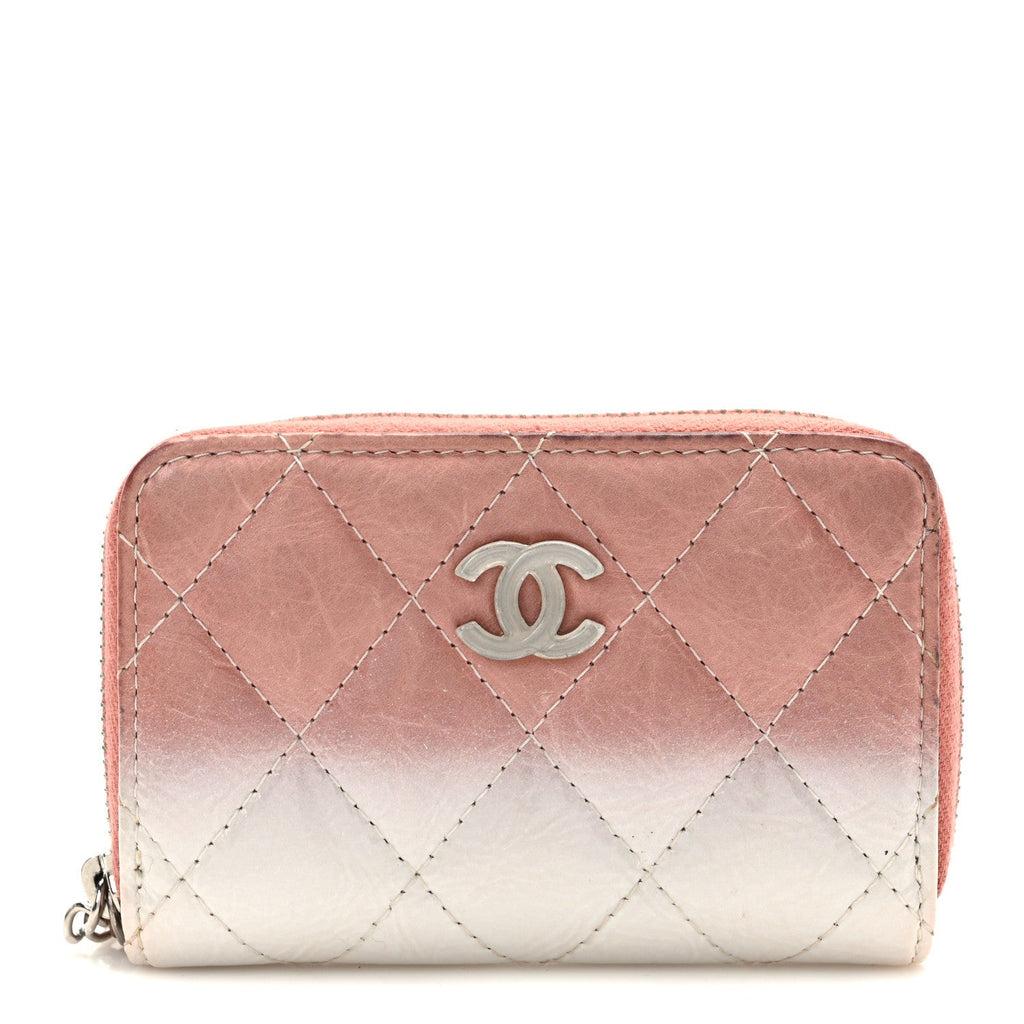 Ombre Patent Calfskin Quilted Small Zip Around Coin Purse Pink White
