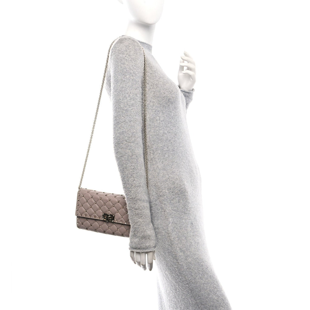 Lambskin Rockstud Spike Wallet on Chain Poudre
