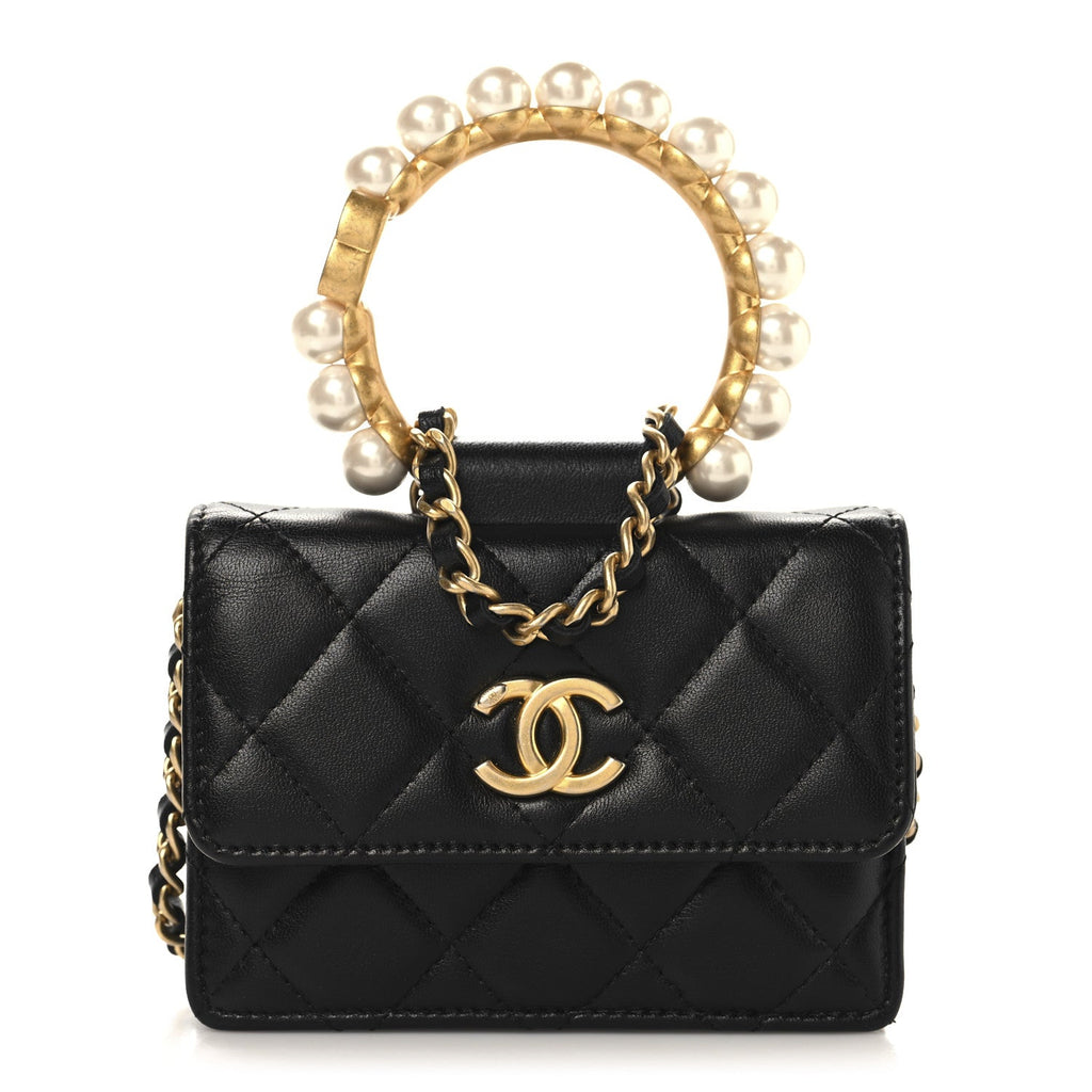 Lambskin Quilted Pearl Crown Clutch With Chain Black