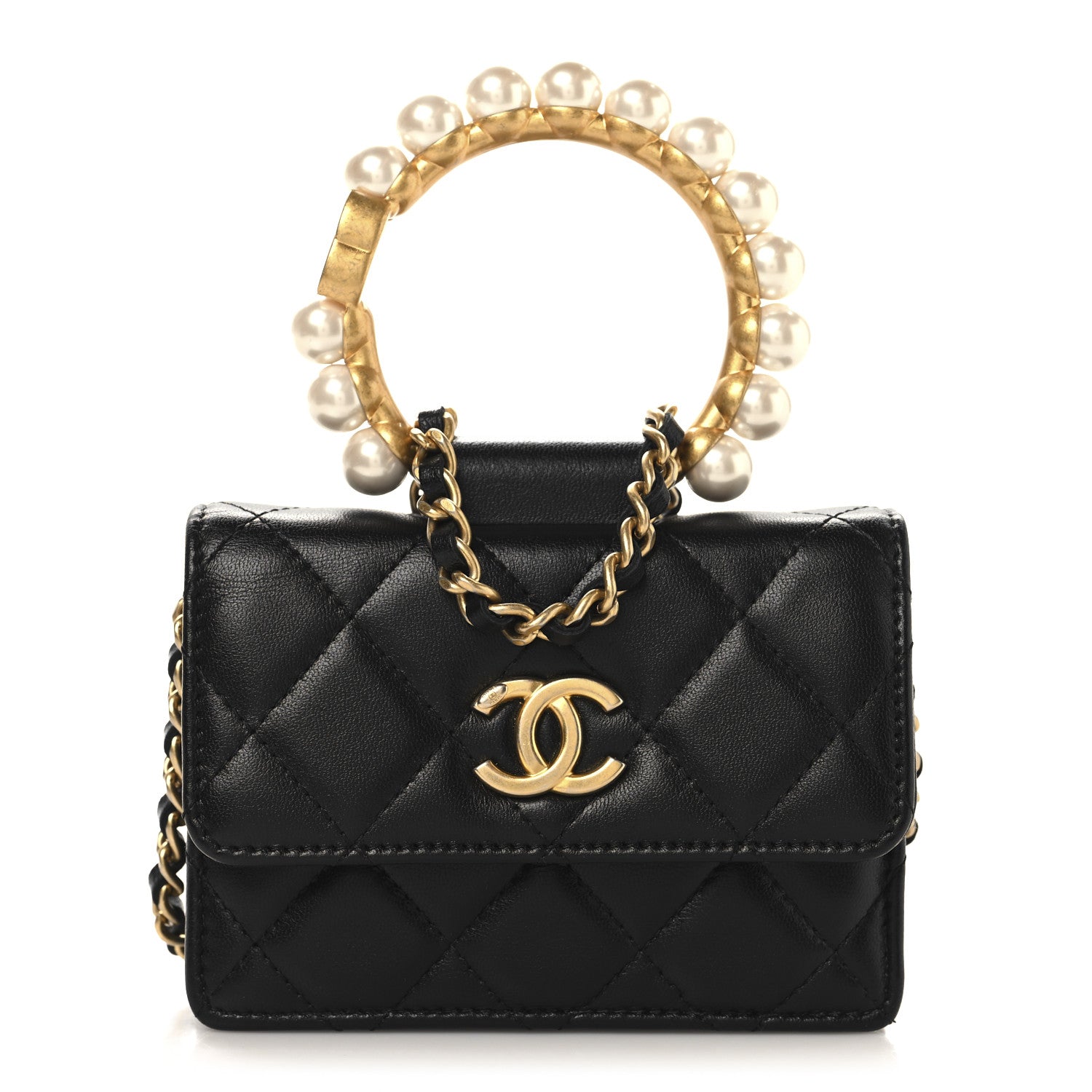Lambskin Quilted Pearl Crown Clutch With Chain Black