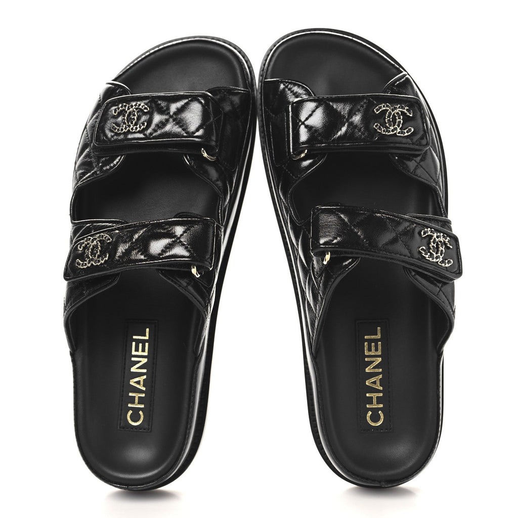 Lambskin Quilted Velcro Dad Chain CC Slide Sandals 39 Black