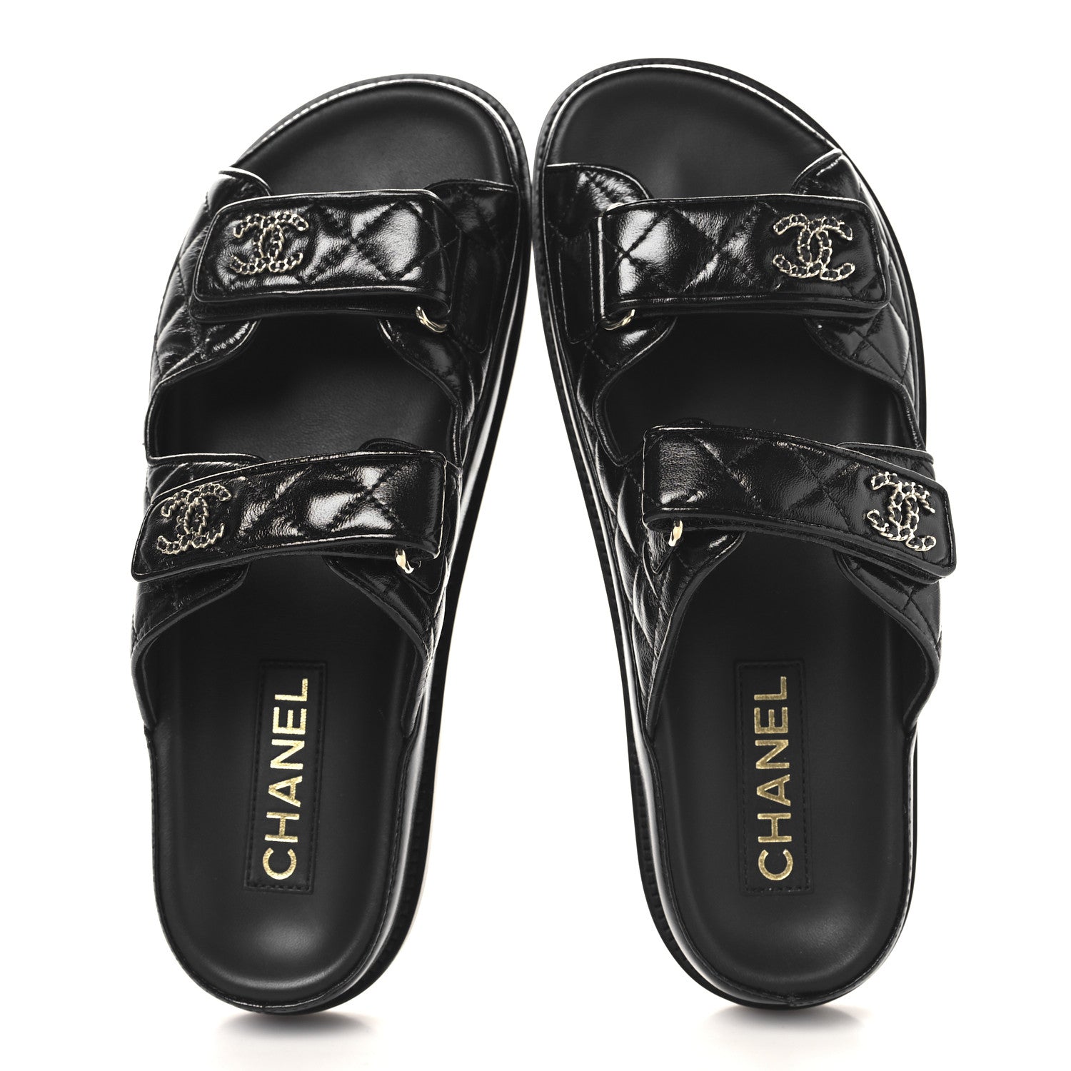 Lambskin Quilted Velcro Dad Chain CC Slide Sandals 39 Black