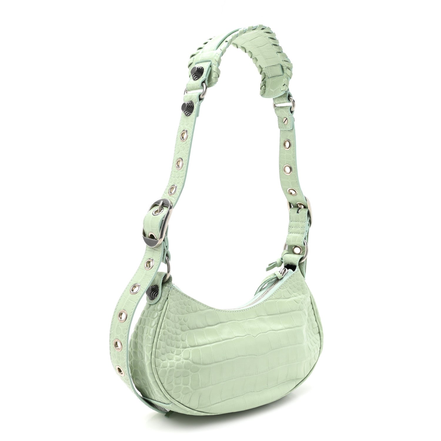 Extra Supple Calfskin Crocodile Embossed Le Cagole Shoulder Bag XS Light Green