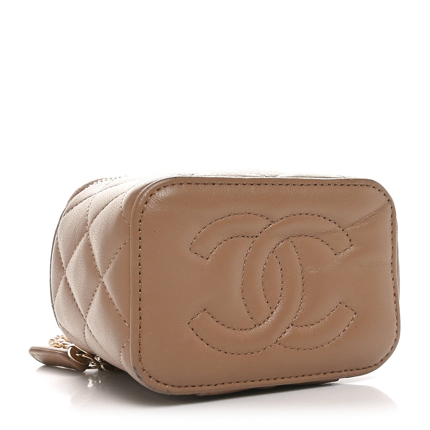 Lambskin Quilted Metal Mini Top Handle Vanity Case With Chain Beige
