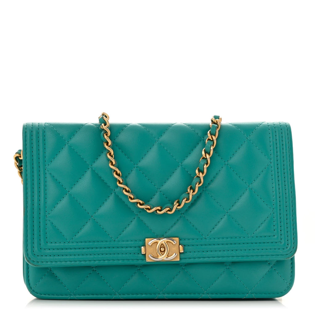 Lambskin Quilted Boy Wallet On Chain WOC Turquoise