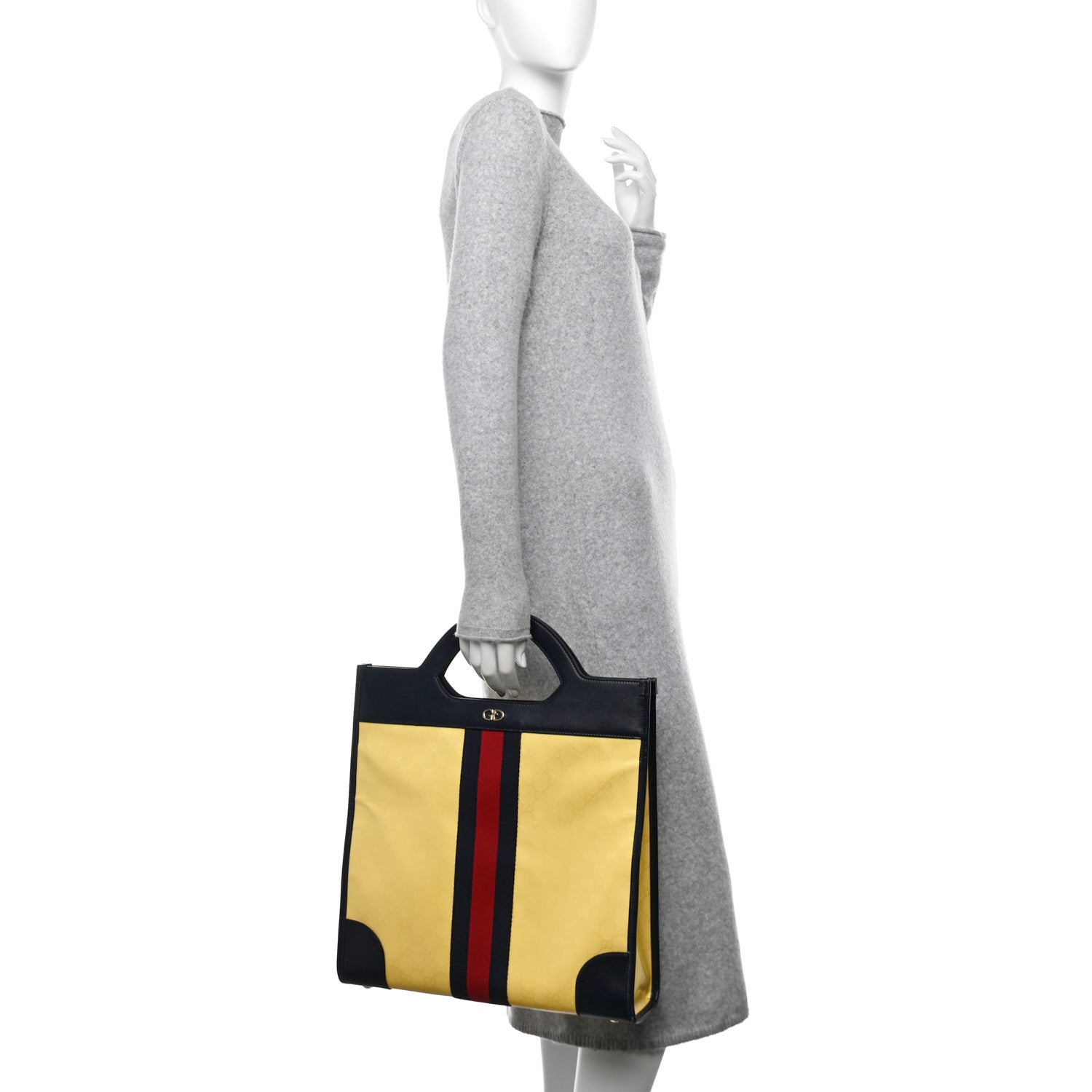 GG Supreme Monogram Textured Calfskin Web Medium Ophidia Slip Handle Tote Yellow