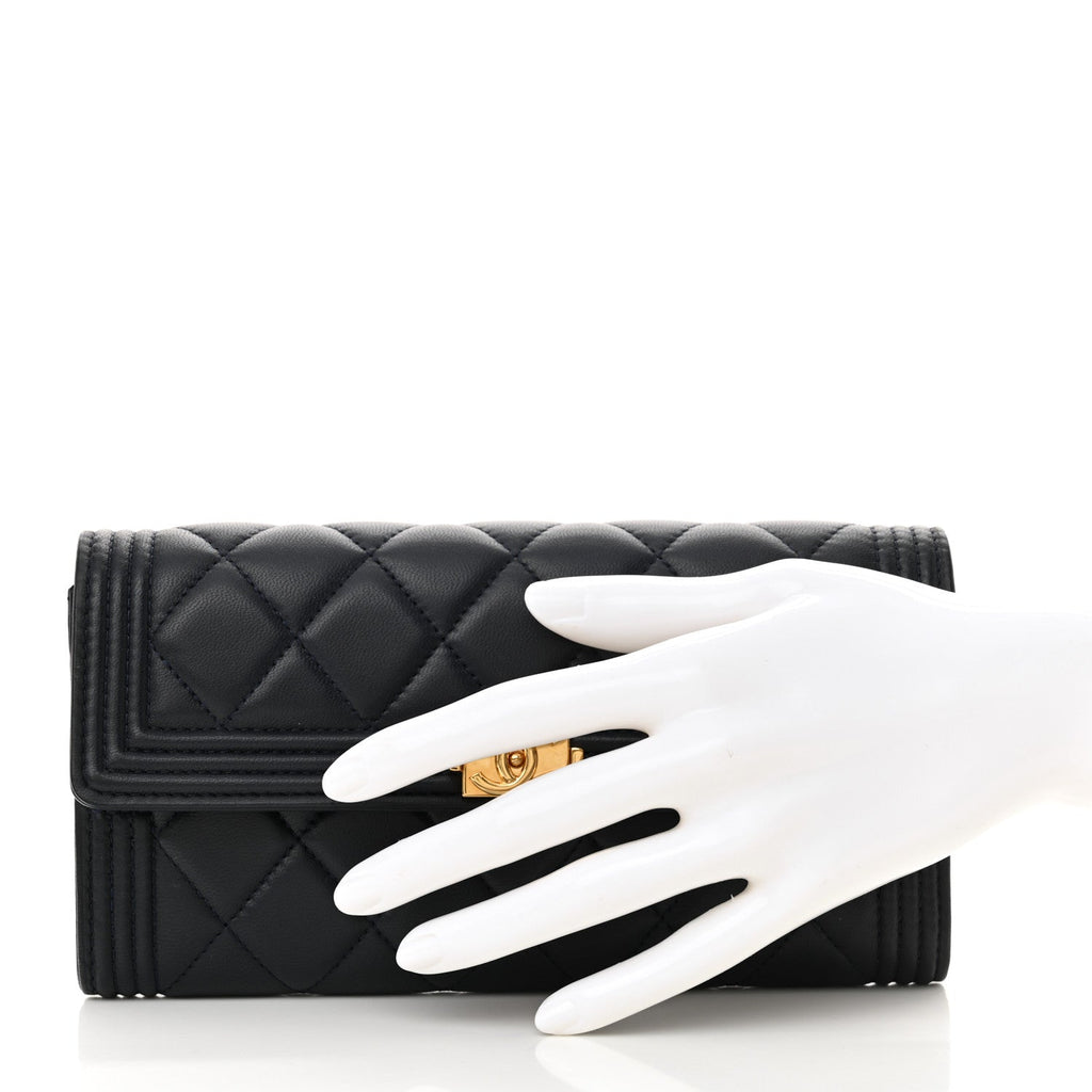 Lambskin Quilted Large Boy Gusset Flap Wallet Navy