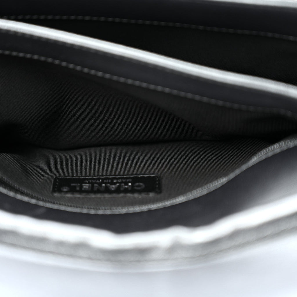 Metallic Lambskin Quilted Retro Label Clutch Charcoal Grey
