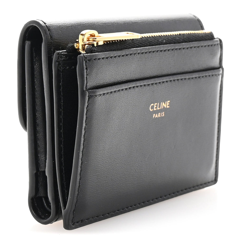 Shiny Calfskin Compact Triomphe Wallet With Coin Purse Black