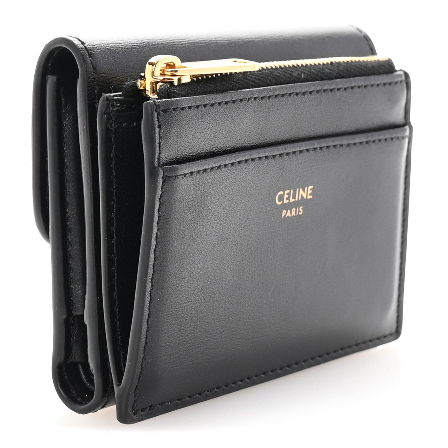 Shiny Calfskin Compact Triomphe Wallet With Coin Purse Black