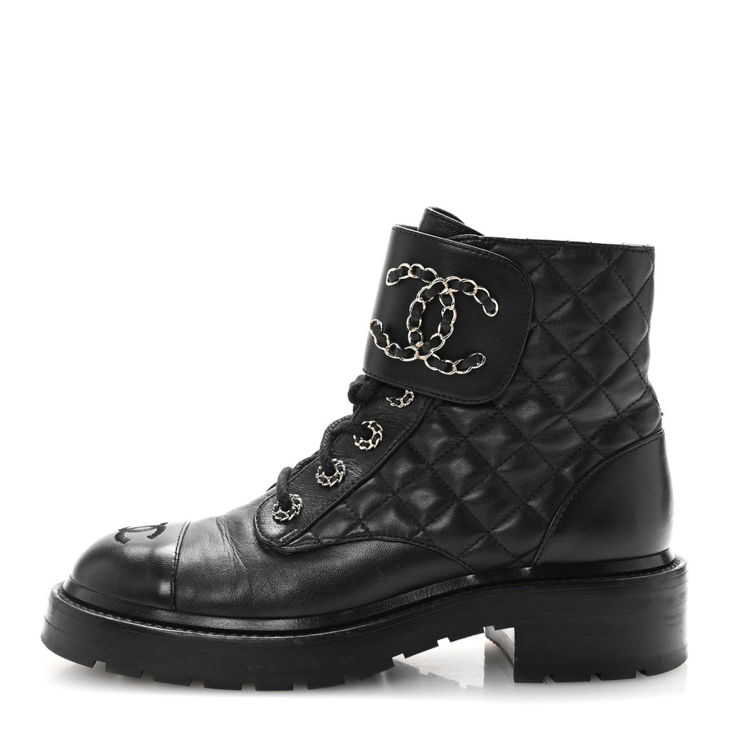 Shiny Lambskin Quilted Lace Up Combat Boots 37 Black