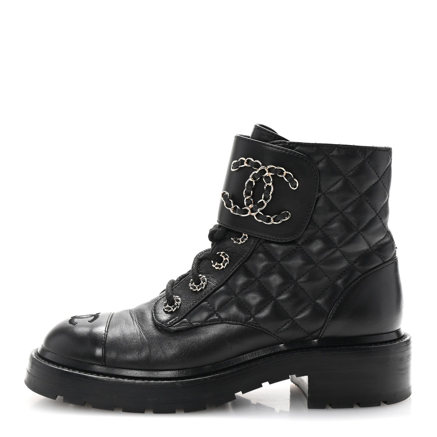 Shiny Lambskin Quilted Lace Up Combat Boots 37 Black