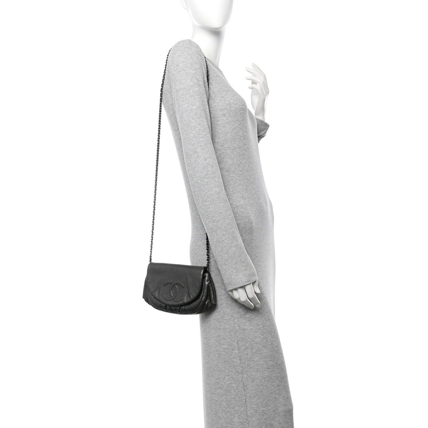 Metallic Caviar Half Moon Wallet On Chain WOC Dark Silver