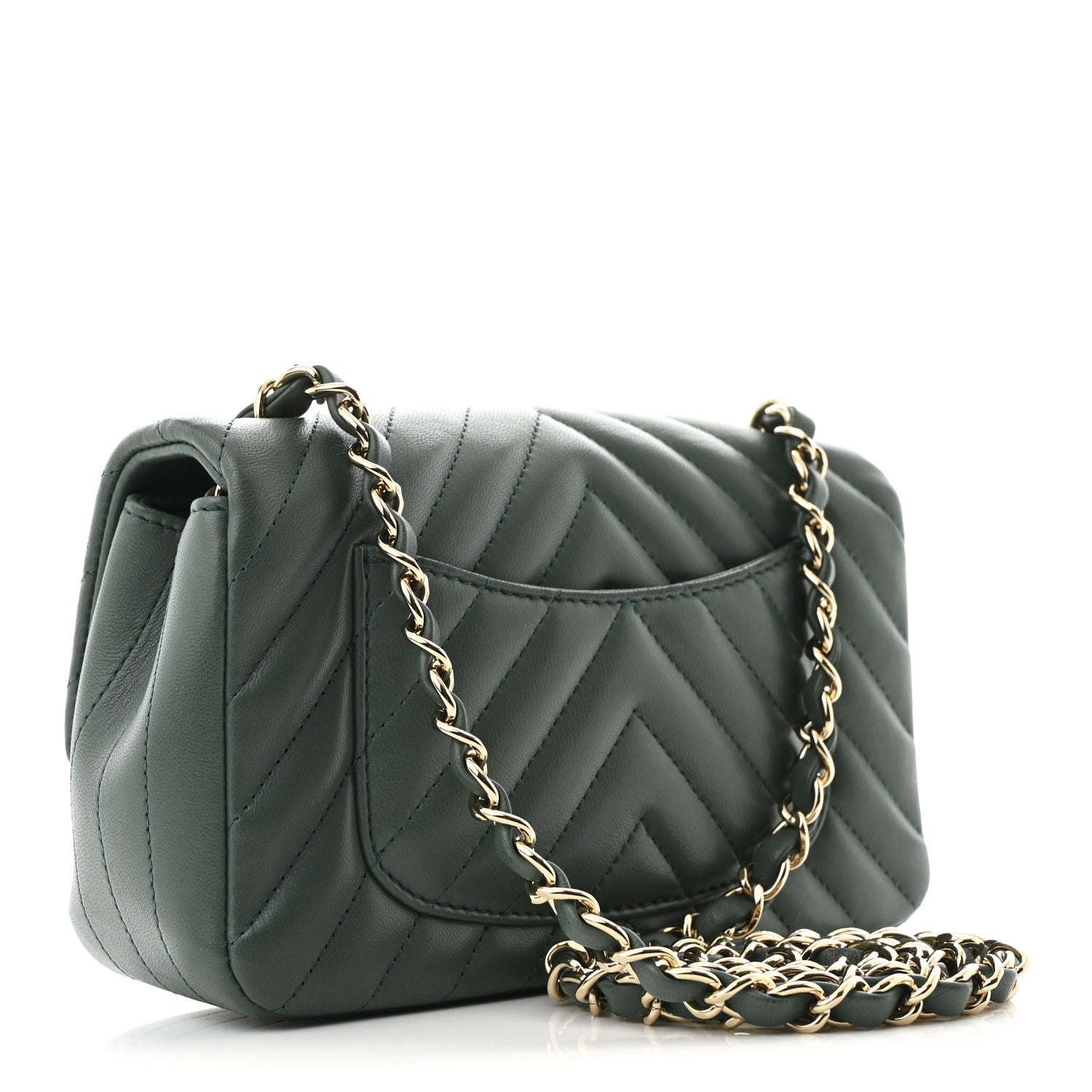 Lambskin Chevron Quilted Mini Rectangular Flap Dark Green
