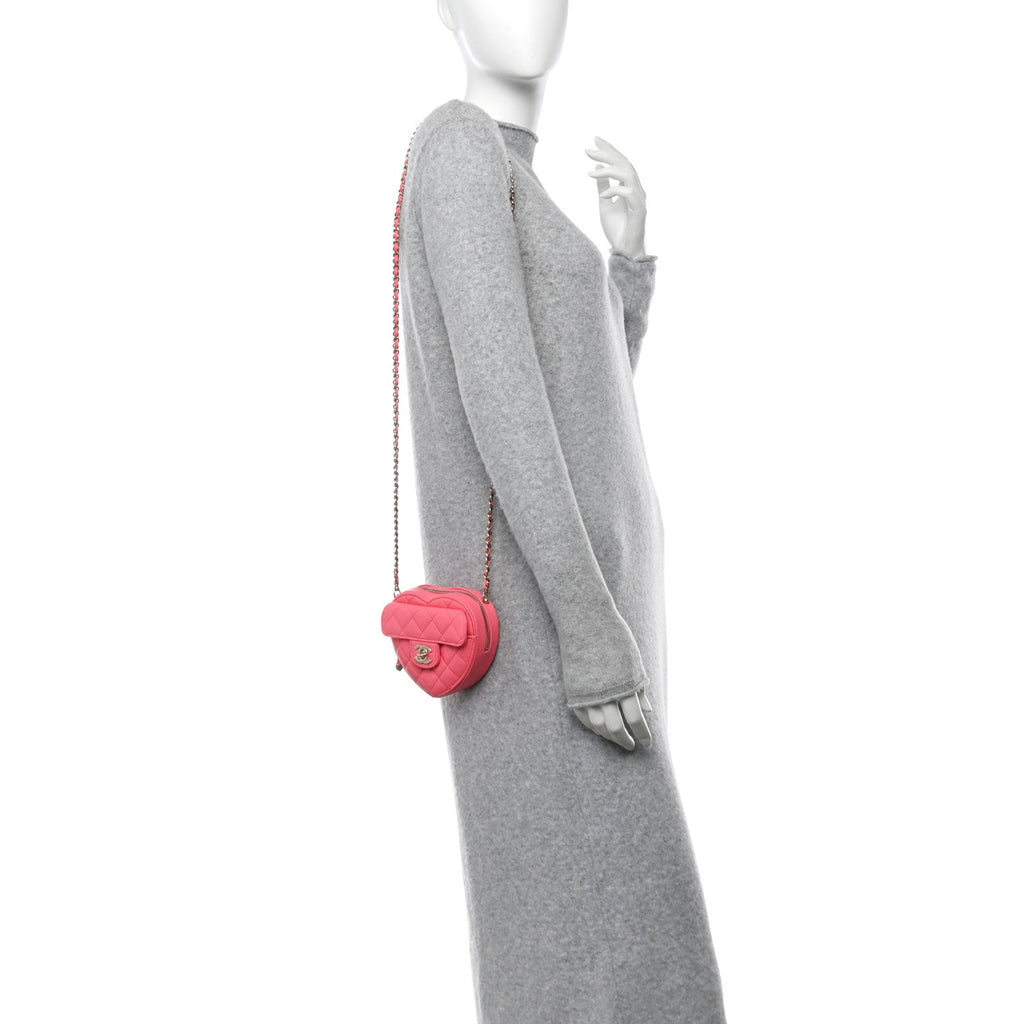 Lambskin Quilted CC In Love Heart Clutch With Chain Pink