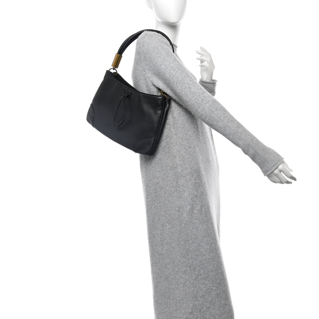 Pebbled Calfskin Drawstring Shoulder Bag Black