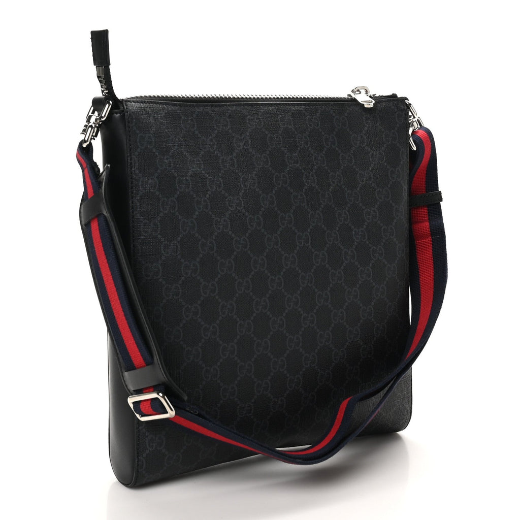 GG Supreme Monogram Appia Calfskin Web Flat Messenger Bag Black Grey