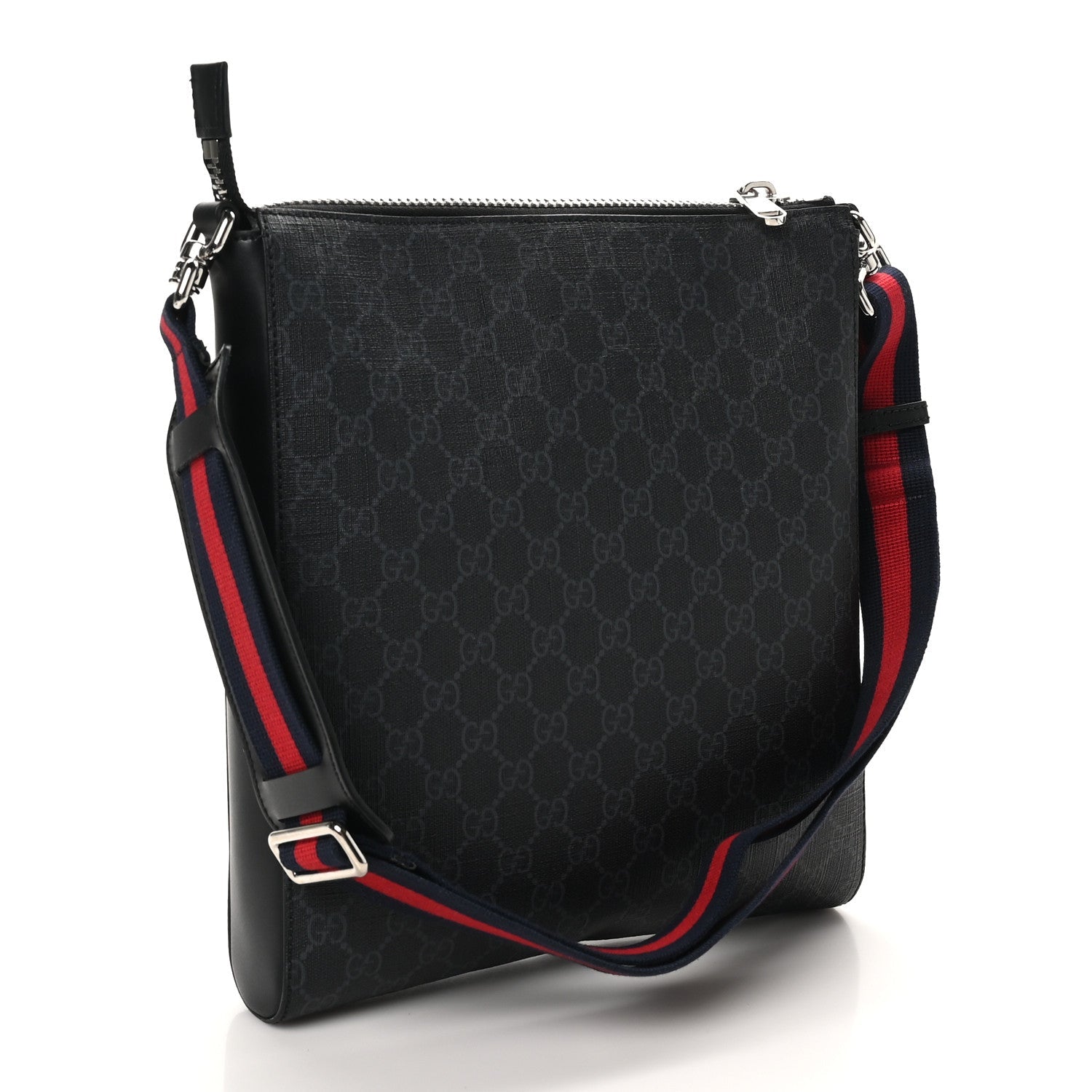 GG Supreme Monogram Appia Calfskin Web Flat Messenger Bag Black Grey