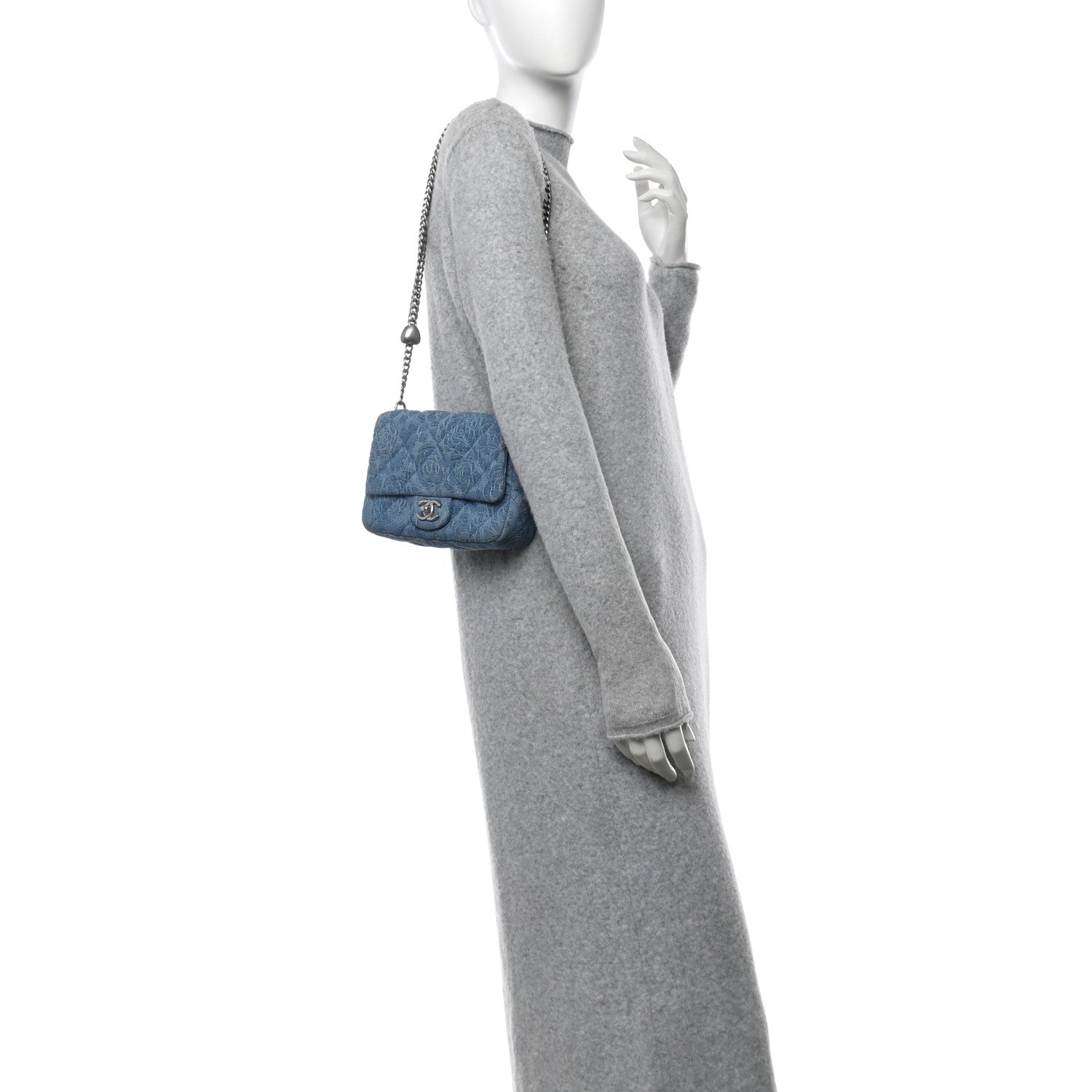 Denim Quilted Camellia Sweetheart Mini Flap Blue