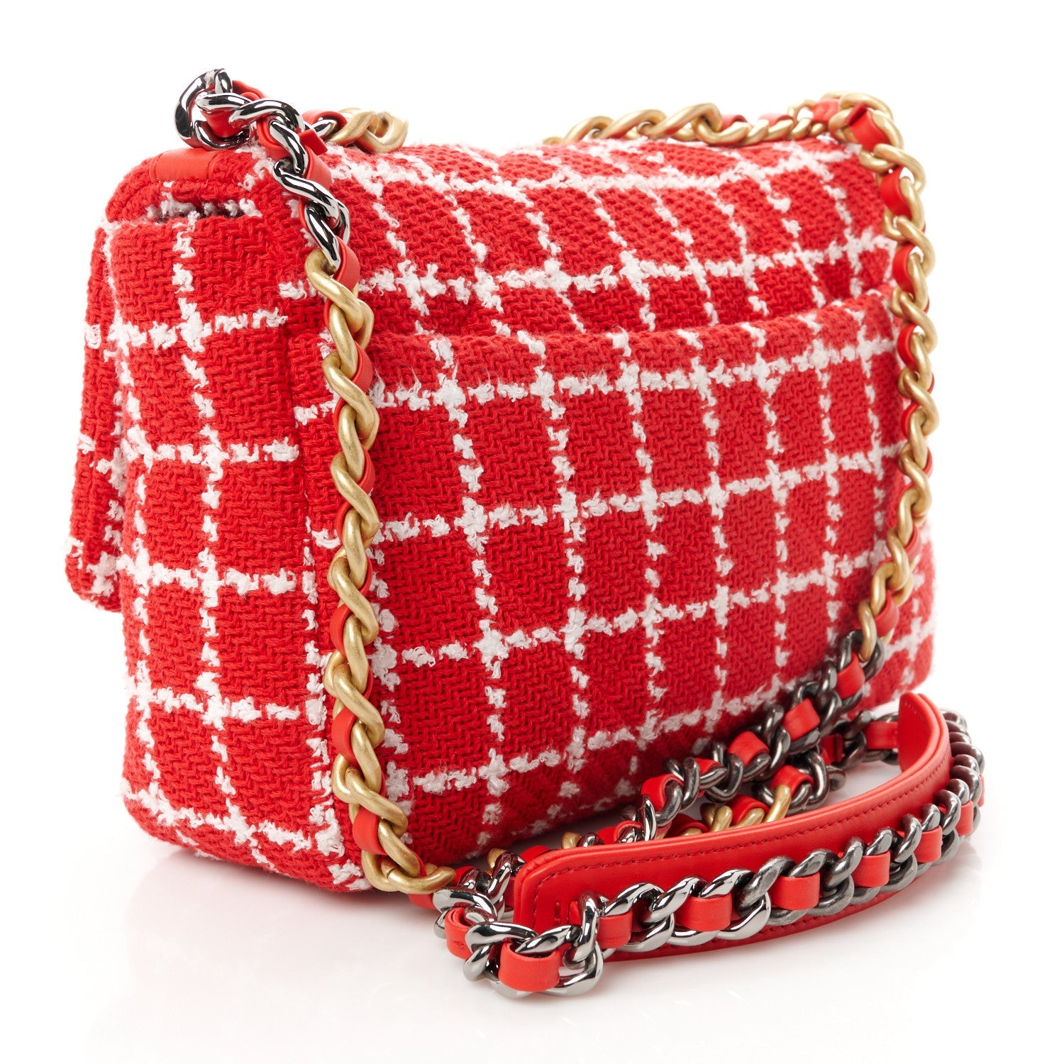 Tweed Quilted Medium Chanel 19 Flap Red White