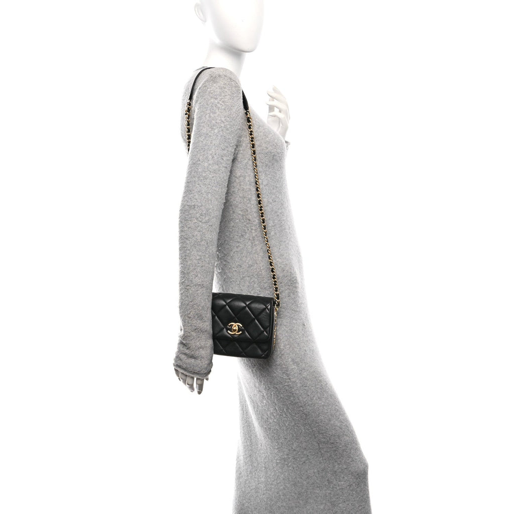 Lambskin Quilted Mini Side Note Flap Black