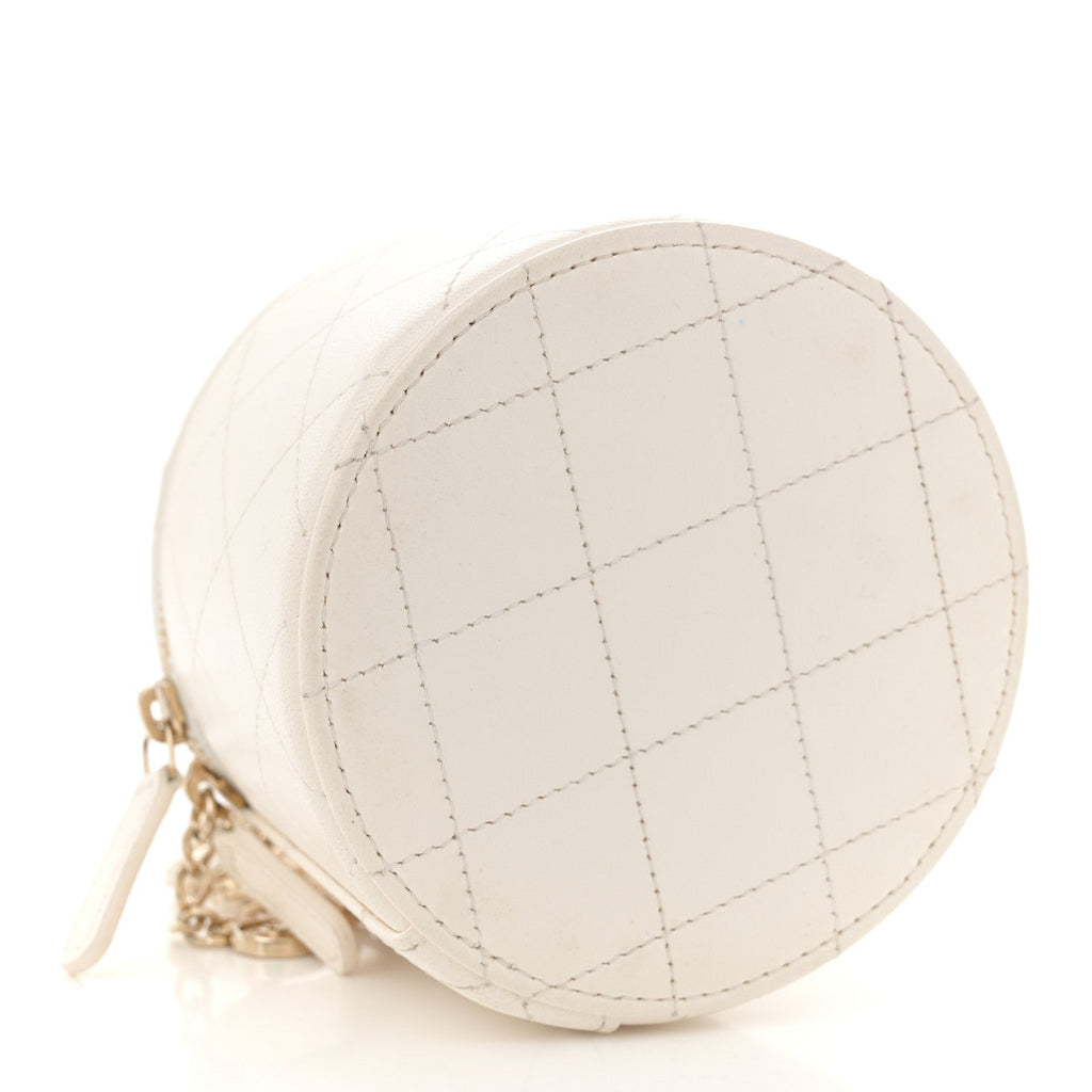 Lambskin Quilted Round Small Vanity Case With Chain White Black