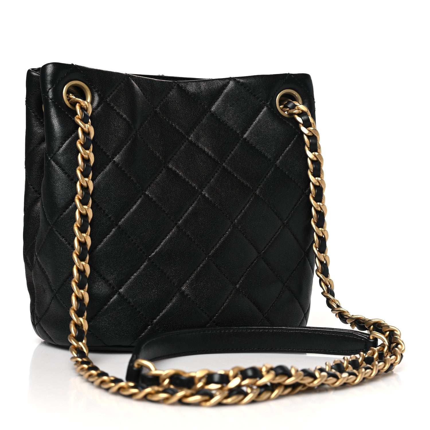 Lambskin Quilted Chaine Lettre Small Bucket Bag Black
