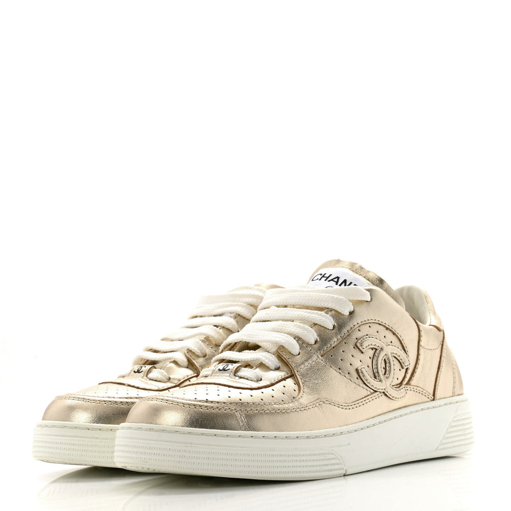 Laminated Calfskin CC Womens Sneakers 36.5 Golden