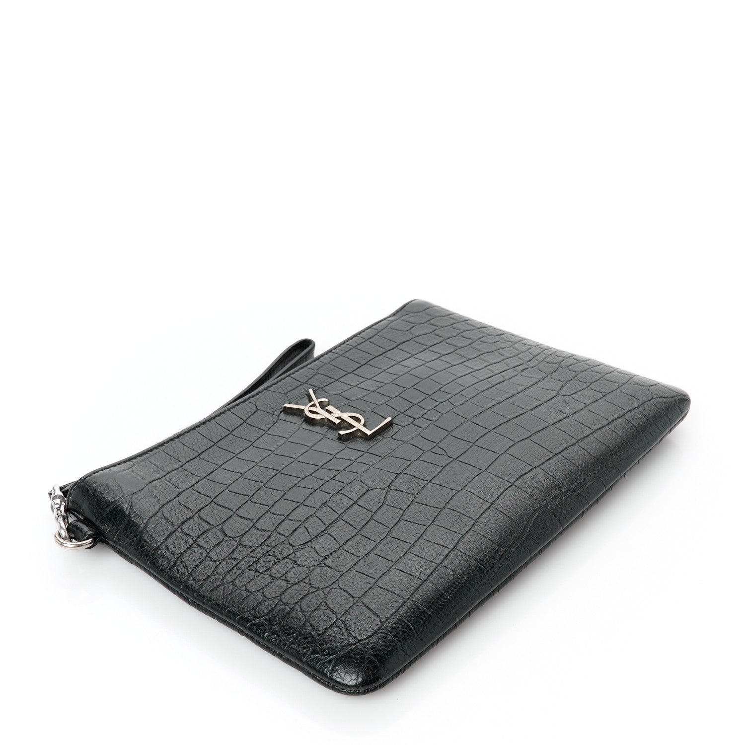 Calfskin Crocodile Embossed Monogram Zip Pouch Black