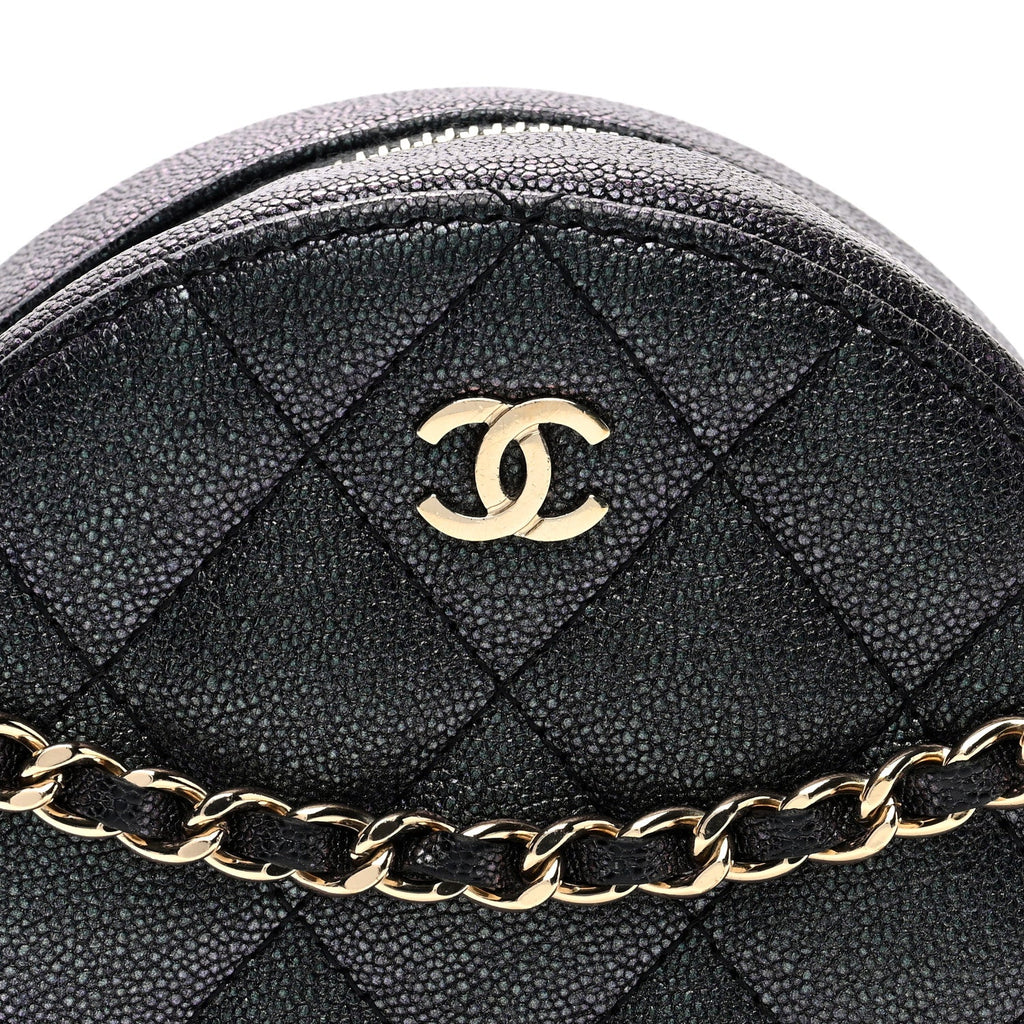 Iridescent Caviar Quilted Round Clutch With Chain Black