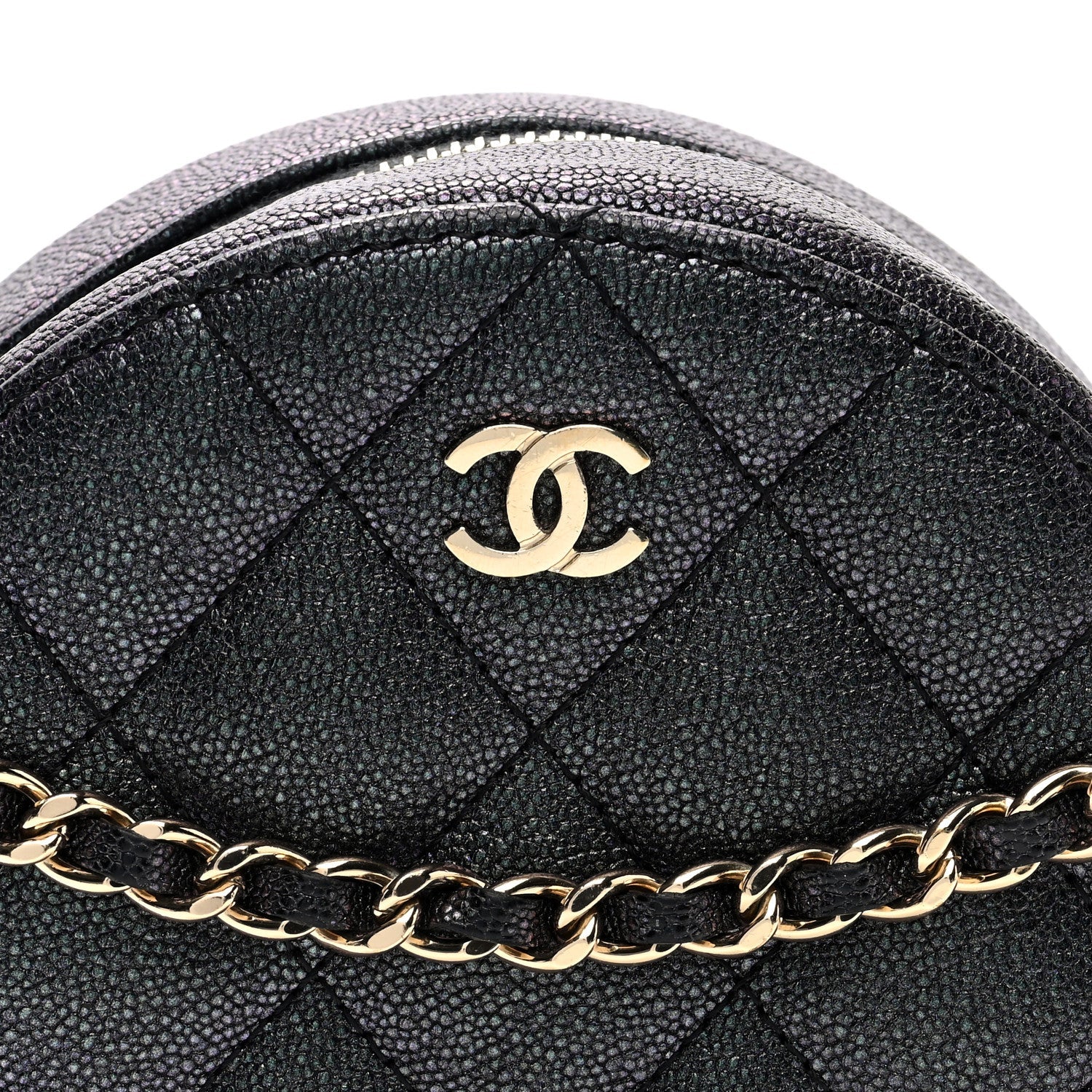 Iridescent Caviar Quilted Round Clutch With Chain Black