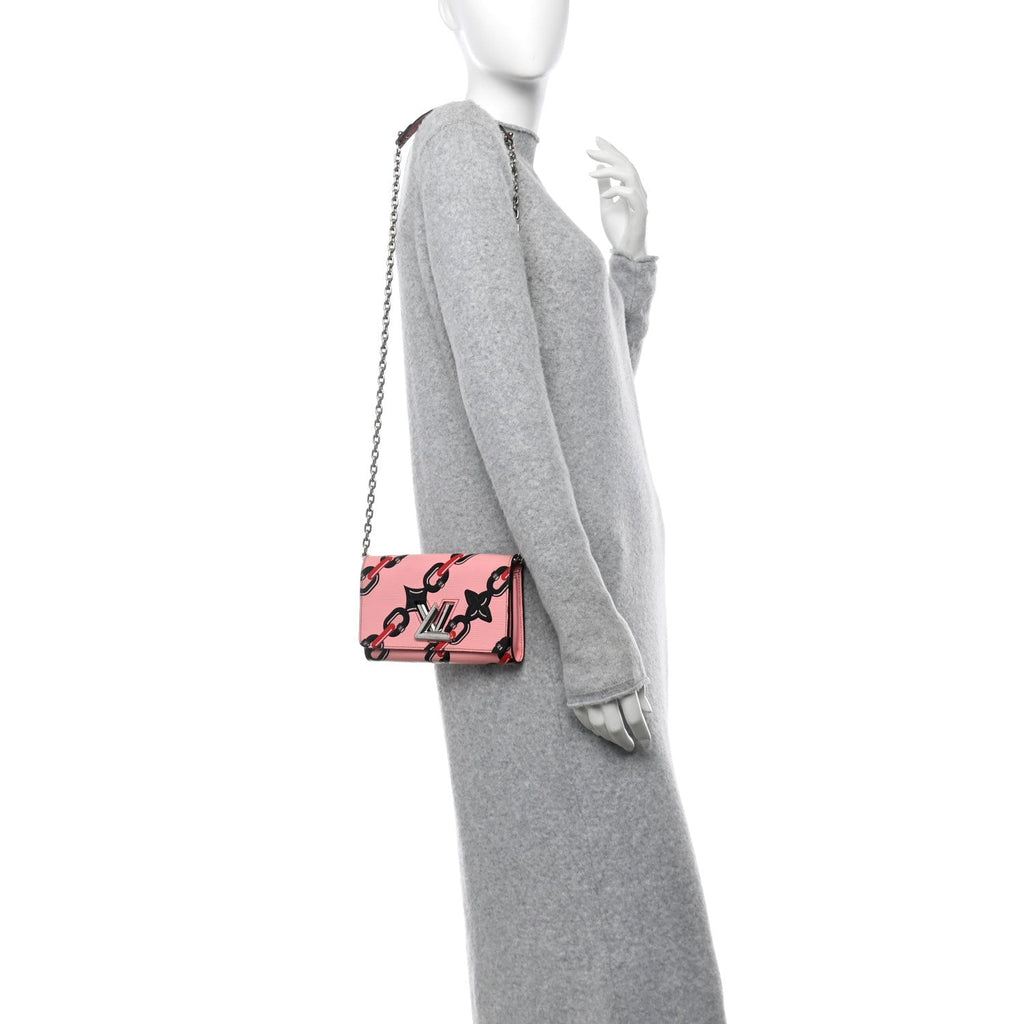 Epi Chain Flower Print Twist Chain Wallet Pink