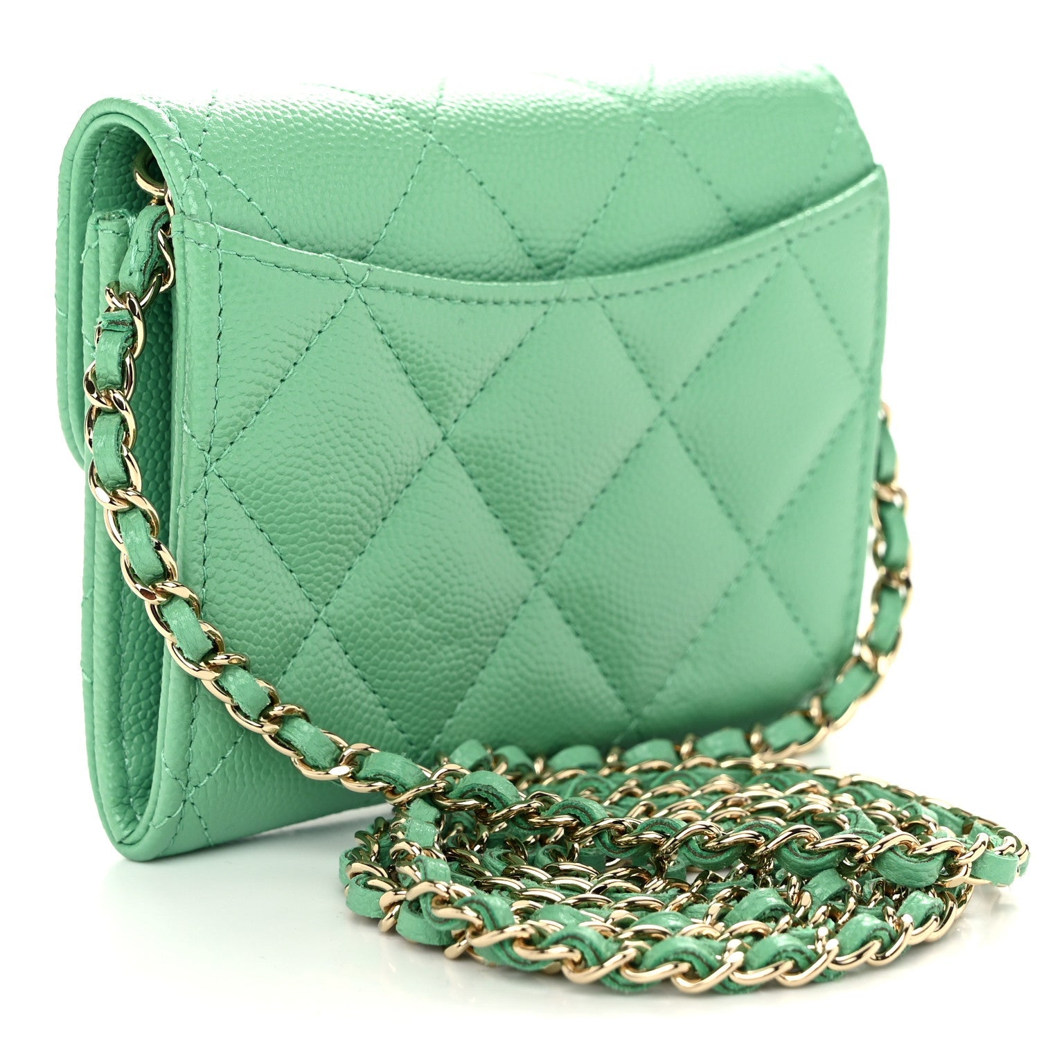 Caviar Quilted Flap  Holder On Chain Light Green