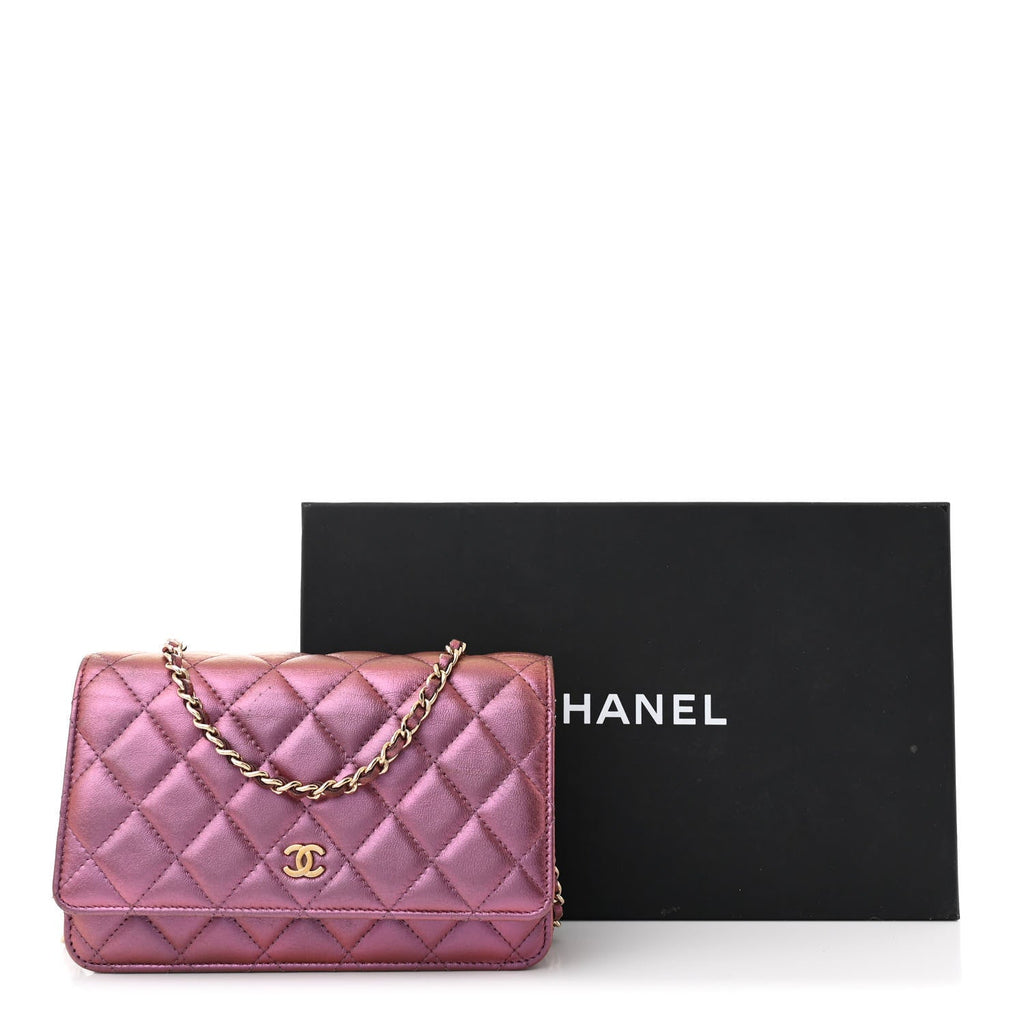 Iridescent Lambskin Quilted Wallet On Chain WOC Purple