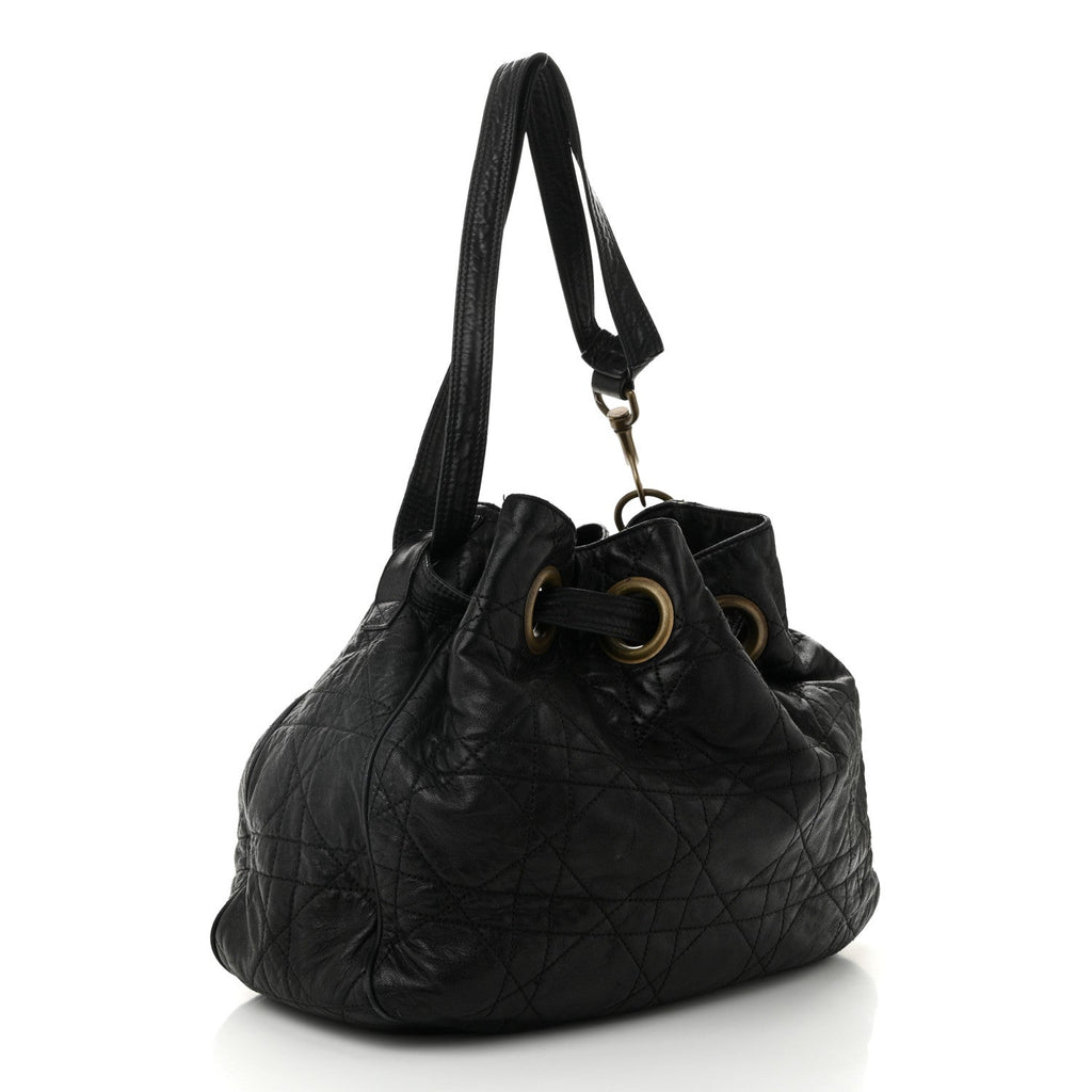 Lambskin Cannage Drawstring Bag Black
