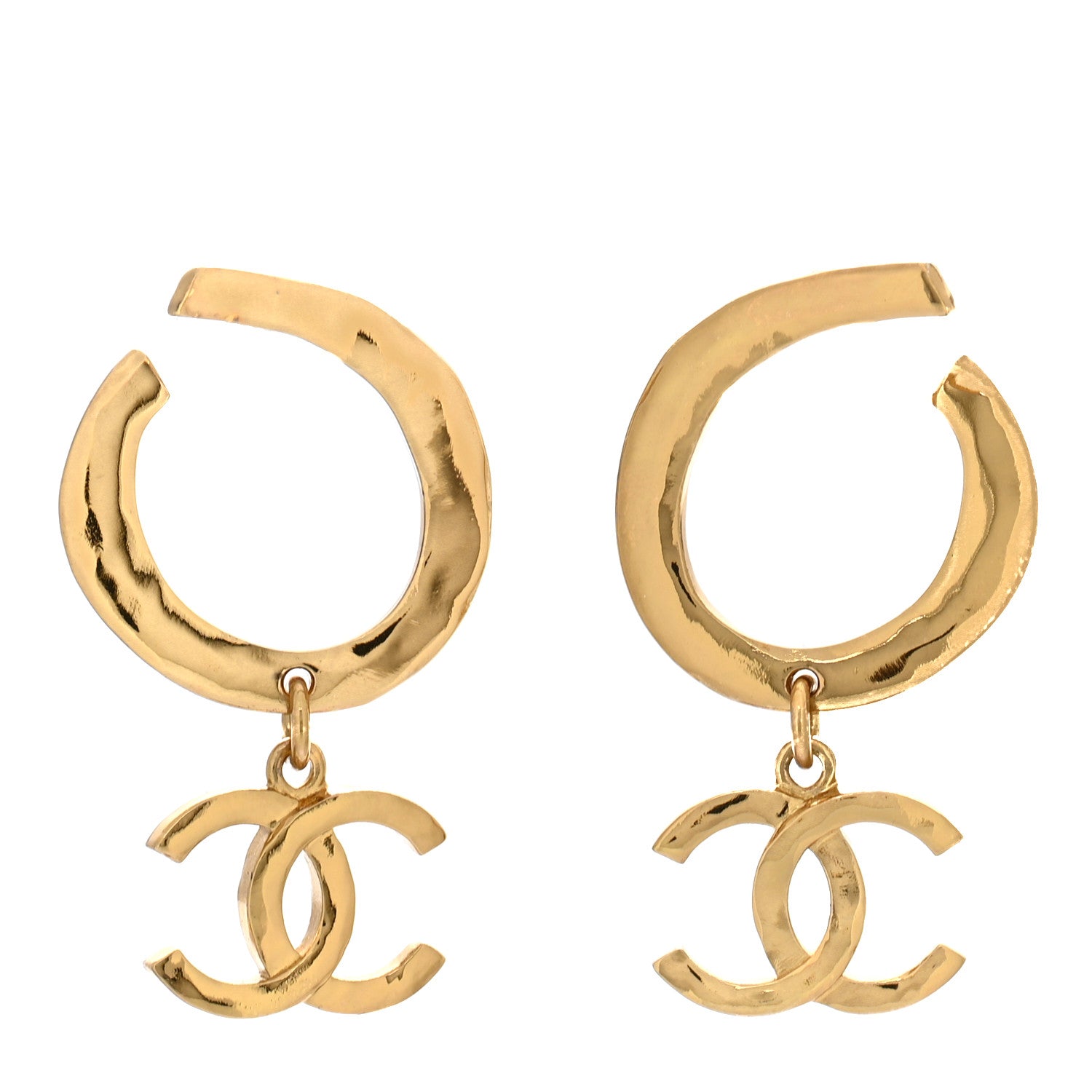 Metal Textured Hoop Drop CC Earrings Gold
